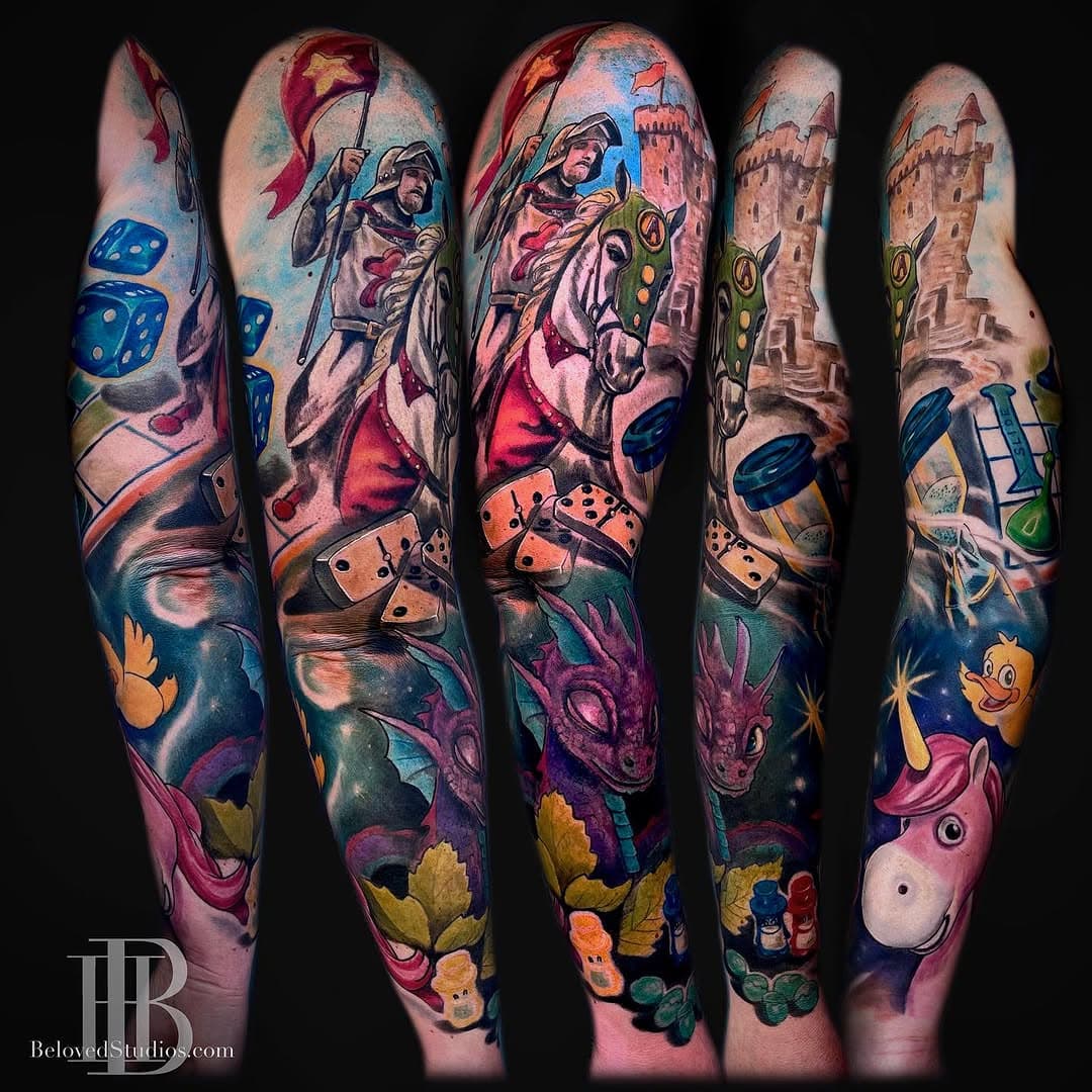 Here’s some final healed pics of this board game themed sleeve we finished up a couple couple months back on an awesome client. We had fun incorporating some of her and her family’s favorite games in a unique way! Thanks for looking! 
.
.
.
.
.
#tattoo #tattoos #sleeve #sleevetattoo #colortattoo #boardgametattoo #carcassonne #dominoes #sorry #dontwakethedragon #unicornglitterluck #mntattooers #mntattooartist #twincitiestattooartist #belovedtattoo