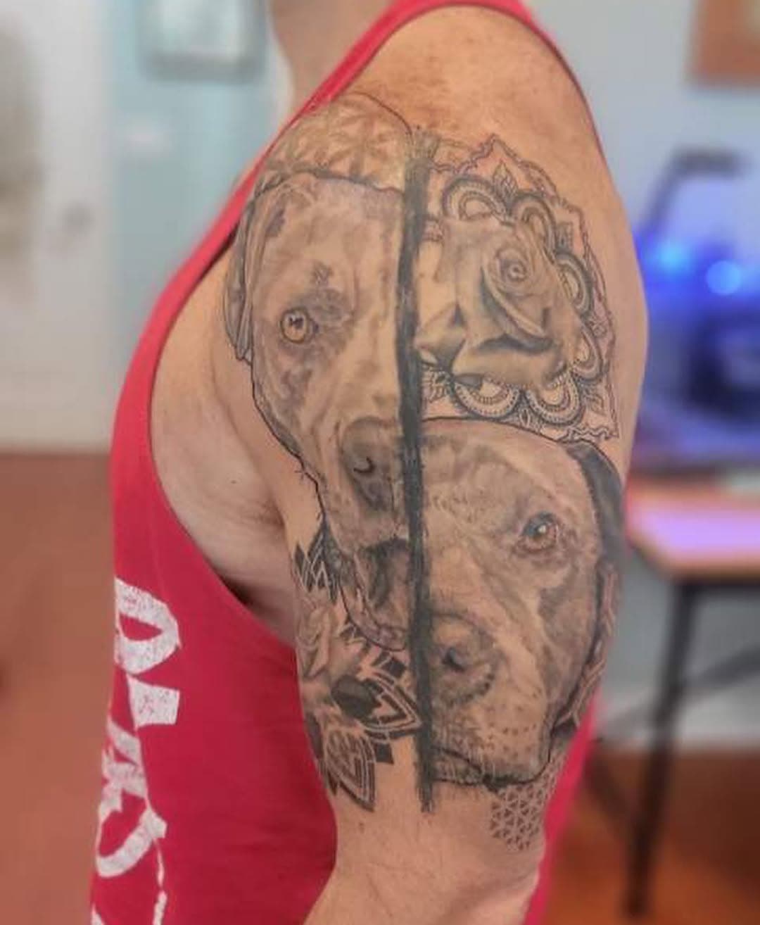 You know I have a huge heart for fur babies! These pitties, Dixie & Emmie, were so fun to tattoo. Fun fact, some of my favorite things to tattoo and draw are pets. It is just impossible not to smile the whole time.