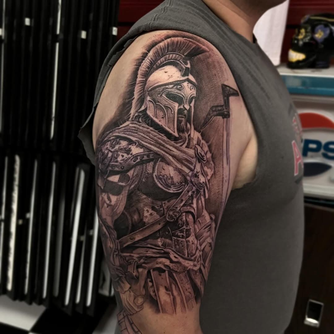 First session on this awesome Saint Florian for Adam’s fire fighter sleeve in progress 🔥