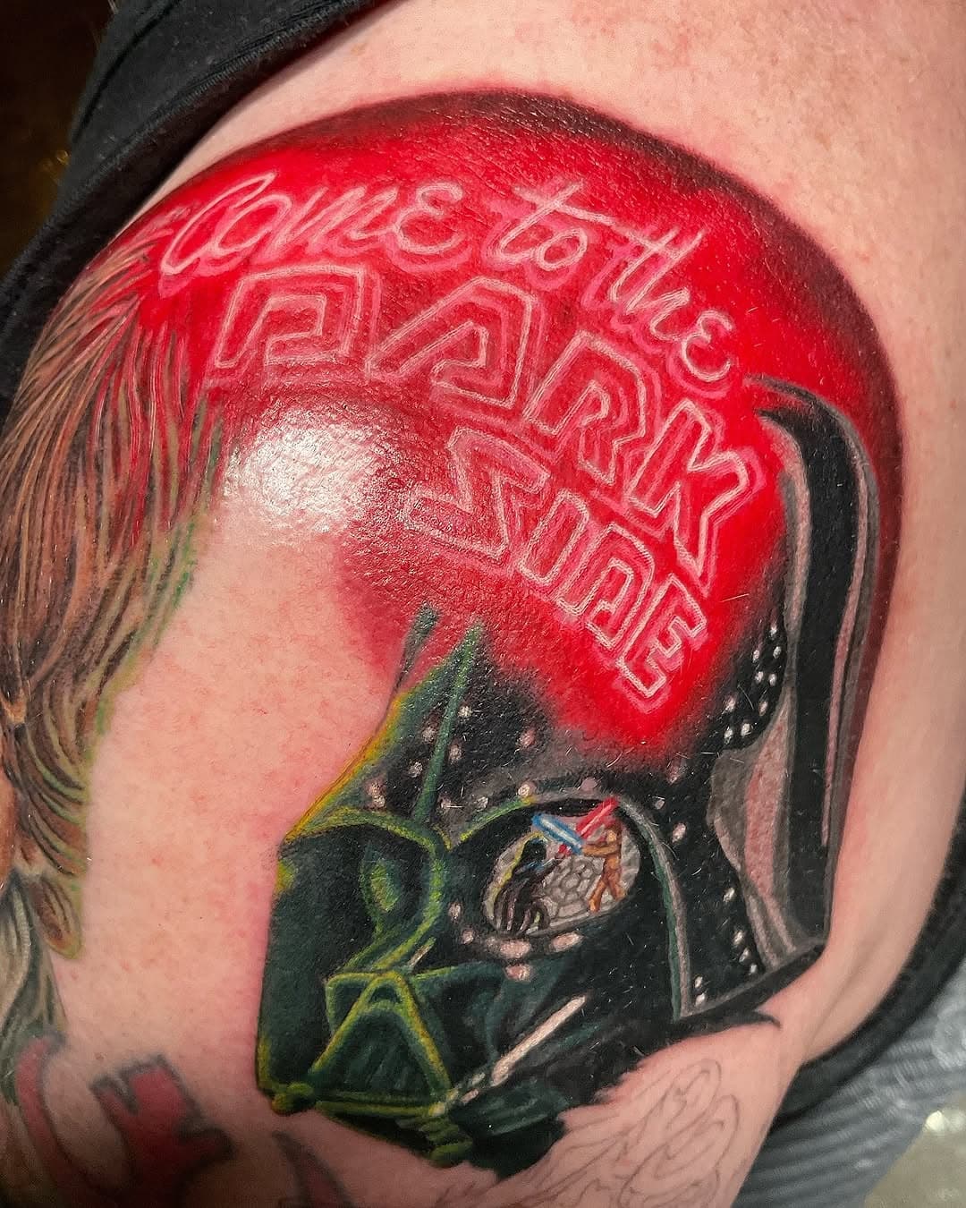 Got another good session in on the Star Wars sleeve. This session was focused on Darth Vader and neon “come to the dark side”. Luke and yoda healing only a couple of weeks fresh The red Star bird symbol was already there we will be redoing that into a patch work design and bringing it all together. There’s room marked for the green light saber directly in the middle. It’s coming together nicely and excited to get back on it. Follow like and share! Thanks for looking. ATTENTION: All #757 and stateside clients. Our books are OPEN for our yearly trip to the states and booking up fast with a few days left in September open. Let’s see those badass ideas and tattoo some awesome work. See you soon VA! Dm on my personal or the shop page @placenciainktattoo  to book up a stateside appointment.  Follow like and share. #recoveryaftercare #peaktriton #ultimatetattoosupply #kwadronneedles #eternalink #inkeeze #painfulpleasures #tattoo #kingpin #dynamicink #solidink #starbritecolors #tatsoul #kingpintattoosupply #virginiabeach #757tattooartist #757tattoos #peaktattoo #tritoncartridges #virginiatattoos #hamptontattooartist #chesapeaketattoos #norfolktattoo #colorrealismtattoo #tattoo #colortattoo #realistictattoo