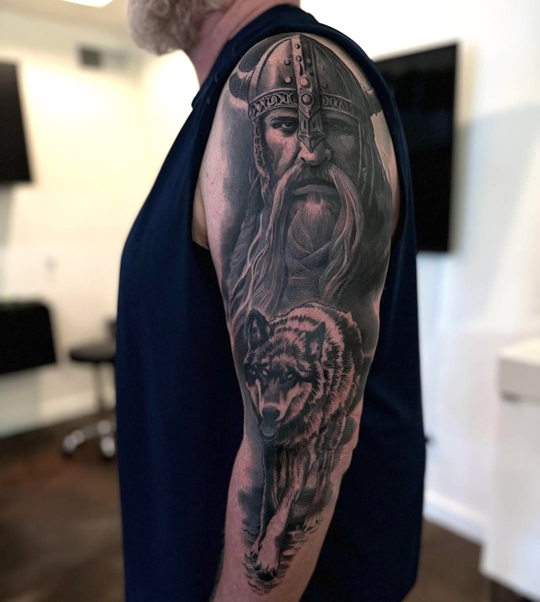 A #blackandgray #Viking and #wolf for Brian. 

All sessions are scheduled by appointment. 
Please email contact@bluerocktattoo.com for more information. 

#BlueRockTattoo :: #Northside45223 :: #CincinnatiOhio 

#koreflatmo #plurabella #photooftheday
#tattoooftheday #tattoosofinstagram 
#cincinnatitattooartist #ohiotattooartist 
#blackandgraytattoo #blackandgreytattoo 
#wolftattoo #vikingtattoo 
#fenrir #norsemythology 
#tattoo #tattooed #tattooideas