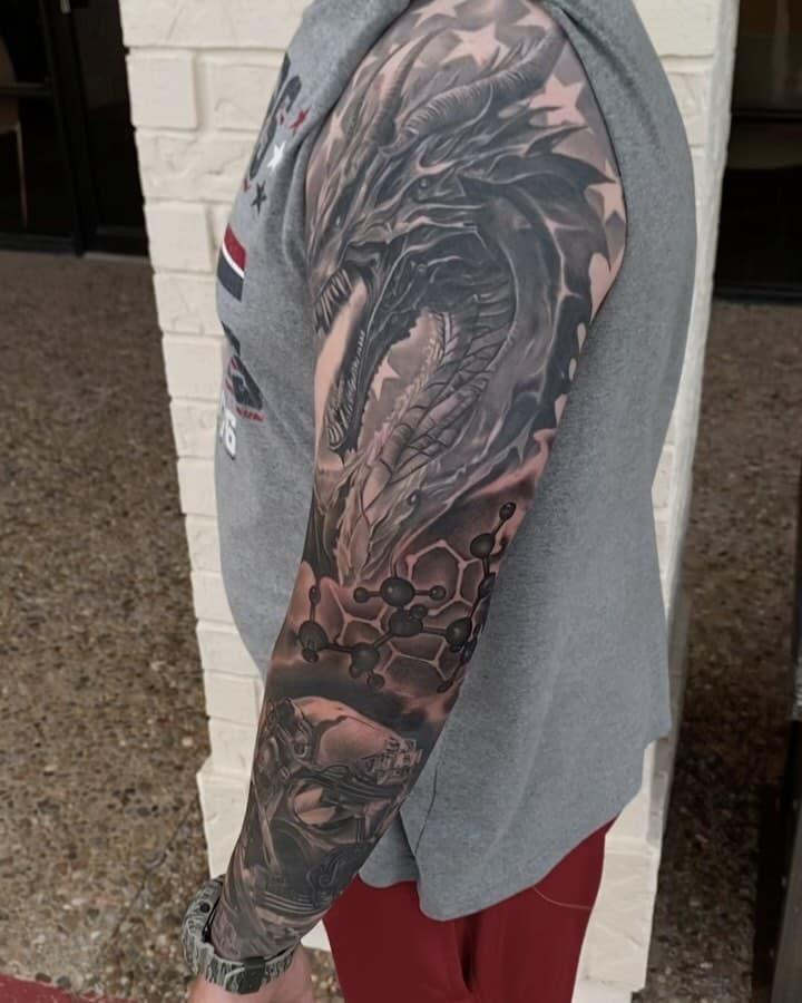 Easily an all time favorite. The freedom my man John granted allowed for this project to come together seamlessly, in an original and creative way. I’m beyond proud of how this turned out. Please email if interested in getting tattooed. #okc #okctattoos #okctattooartist #blackandgreytattoo