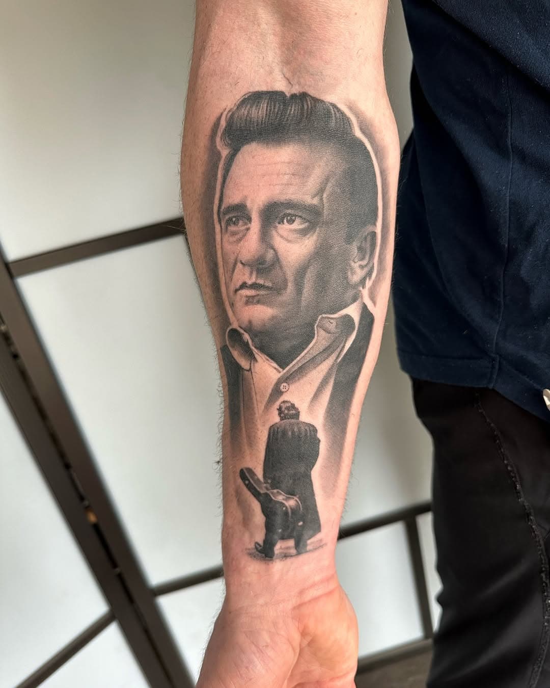 Johnny Cash piece nearly fully healed, thanks again Luke! 
.
.
.
.
.
#johnnycash #portraittattoo #tattoos #tattoo #manchestertattoo #healedtattoo #blackandgreytattoo #walktheline #tattooing