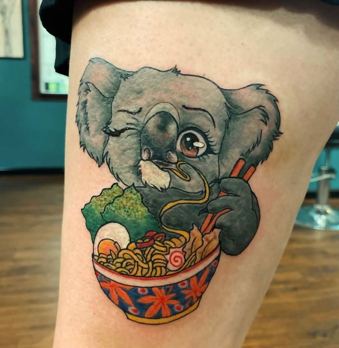 Tattoo by @elle_wright_tattoo tattooed this cute #koalatattoo #ramennoodles #tattoo #asheville #ashevilletattooartist