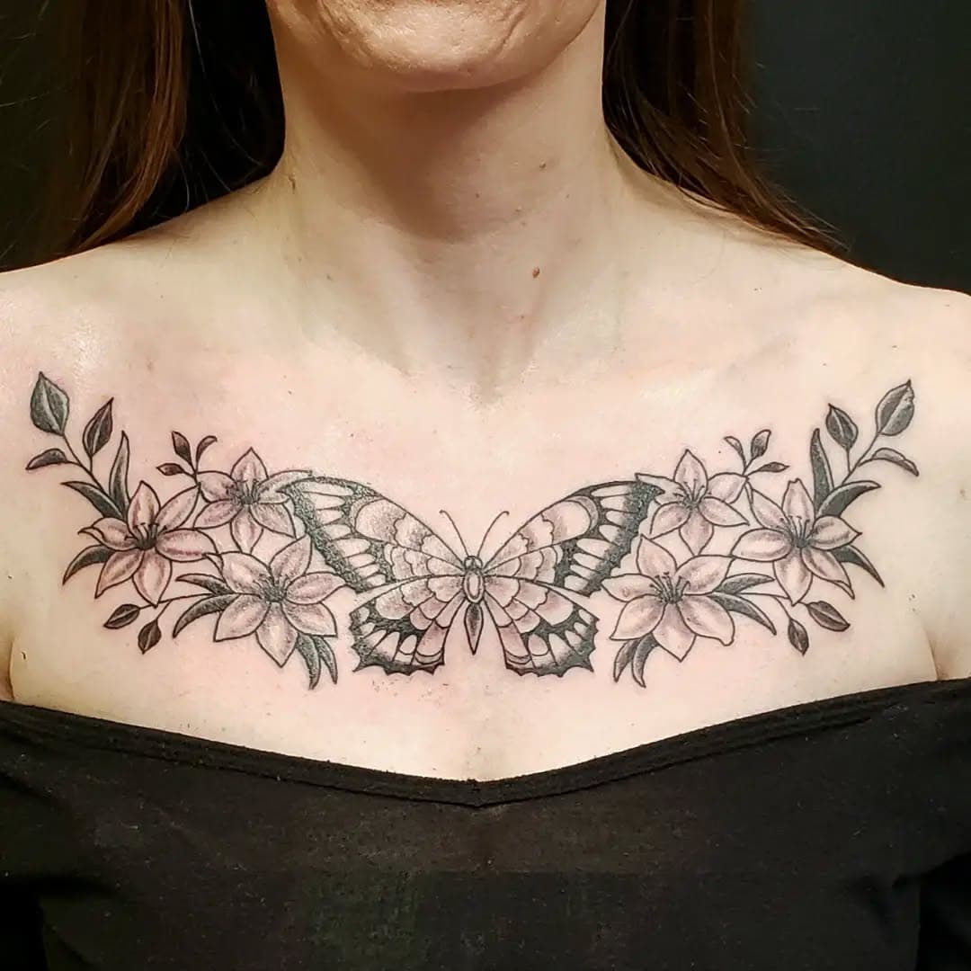 Floral and butterfly 🦋  chest panel @mitch_perkins_tattoo #eastcoastirons #loyaltothecoil #atlantictattoo