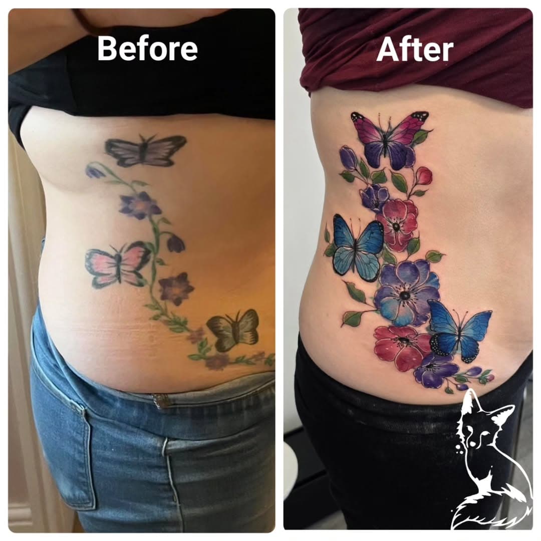 Loved transforming this old tattoo into a beautiful watercolour piece for my awesome client! 🦋🌸 

#oldinkrework #watercolourcoveruptattoo #butterflytattoo #sidetatto #ribtattoo #colourfulink #reworktattoo #coveruptattoo #bristoltattooist #yatetattooist #foxyinktattoostudio #customtattoo #foxyink