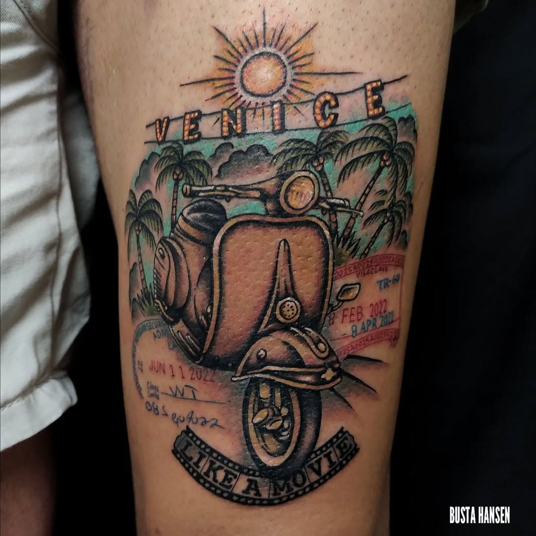 🛵🌴(Muchísimas gracias, Kiki!!❤️🙌🏼) #tattoo #travel #traveler #tattooing #colortattoo #brightandbold #boldtattoo #boldtattooart #traditionaltattoospain #oldlines #oldschooltatts #motorbike #paradise #venicebeach #roadtrip #viajar #viajes #tradtattoo #tradworkers #tattoodesign #traditionaltattoo #oldschooltattoo #classictattoo #freshtraditionaltattoo #bybustahansen #malasaña #review #brandnew #creepystuff #bustahansen