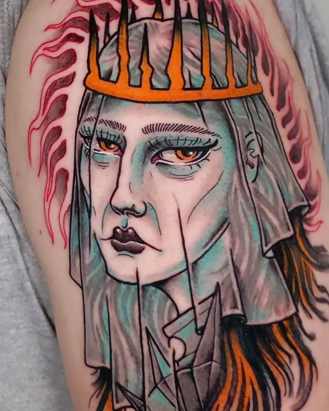 But what IF Angmar had a Queen? 
Thanks so much Mo for picking this up.
Would love to do more like this. Drop a message if youre keen. 

#tattoo #qttr #tolkientattoo #lotrtattoo #angmar #fantasytattoo #fantasyart #witchtattoo #nazgul #wraithtattoo #neotrad #neotraditional #traditionaltattoo #bright_and_bold #bournemouth