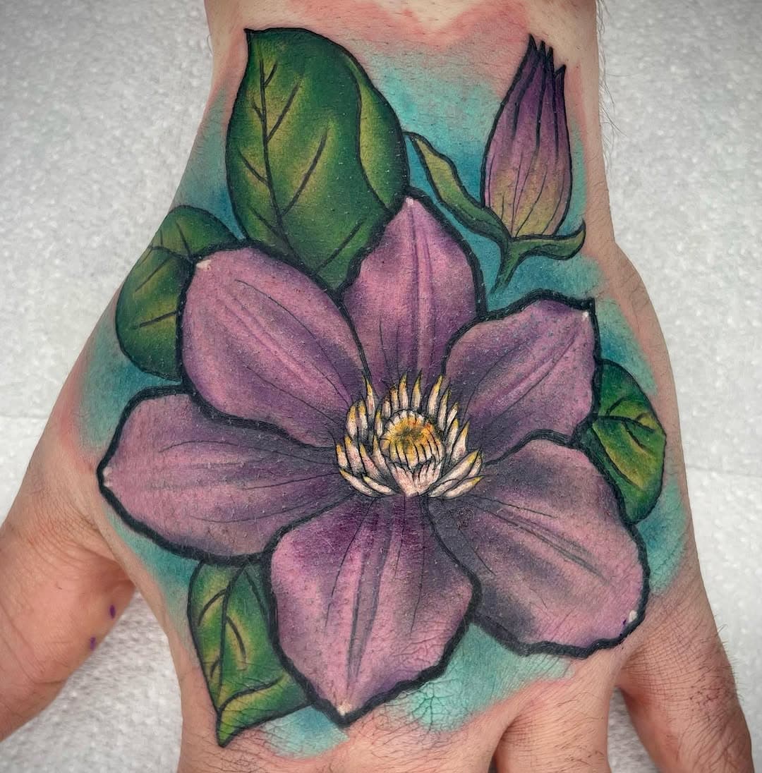 Beautiful clematis flower for Andy. Please msg me to book in 💜 @killerinktattoo @electrumsupply @worldfamousink @bishoprotary @tattoosnob @uktta @worldofneotrad @worldofnewschool #clematisflower #floweryattoo #flowertattoo #floraltattoo #floraltattoos #floraltattoos