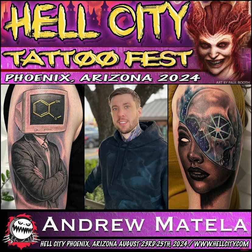 Andrew Matela: @andrewmatela
Art Realm: @arterealmtattoo
🔥Hell City Phoenix: @hell_city🔥
🌵August 23rd-25th: @arizonabiltmore🌵

BOOK YOUR ROOMS BEFORE THEY SELL OUT! Be sure to contact The @arizonabiltmore directly at 602-955-6600 or 800-950-0086 to book your rooms! Don’t forget to Mention “HELL CITY” for a Special Festival Rate! Reference group code (969)