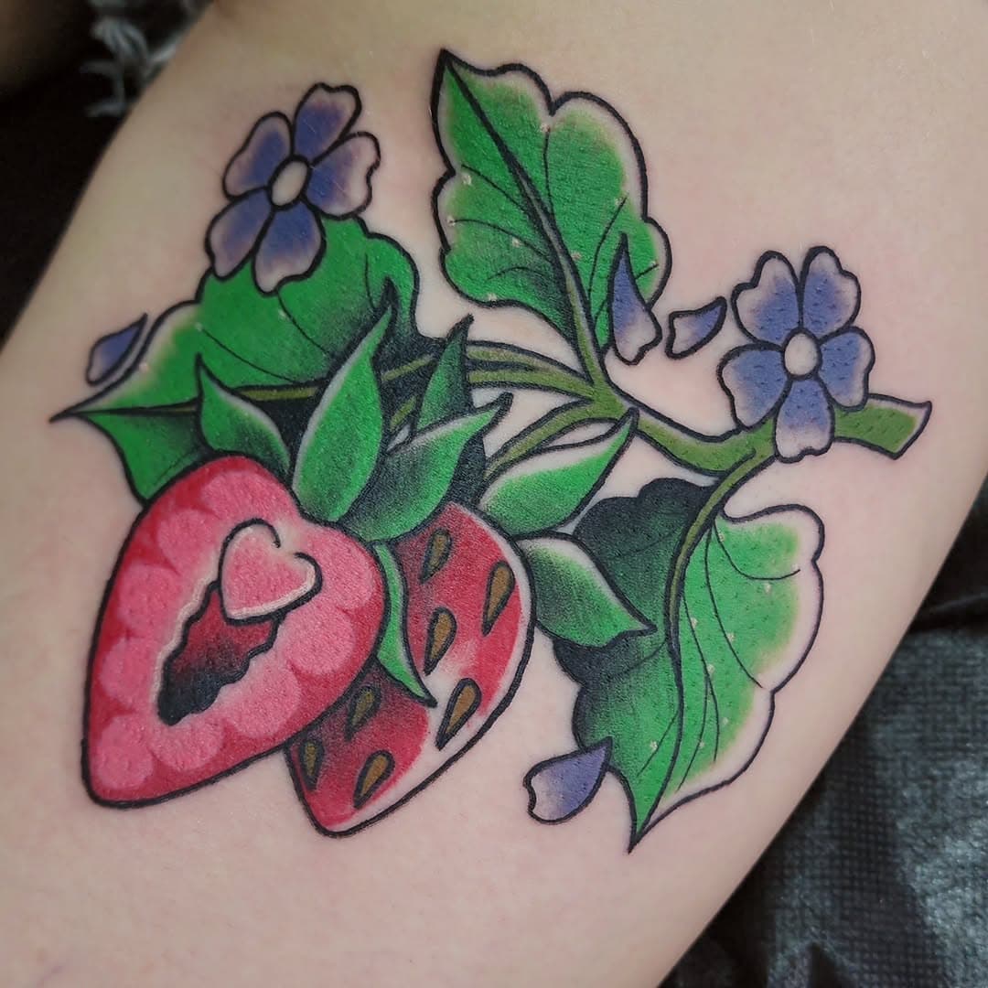 Summer Strawberries 🍓 
Really been focusing on bold lines and bright colors ✨️ 
Email emmajragetattoos@gmail.com to book ❤️
#strawberrytattoo #strawberry #colortattoo #worldfamousink #elkhartindiana #oddballstattoo #traditionaltattoo