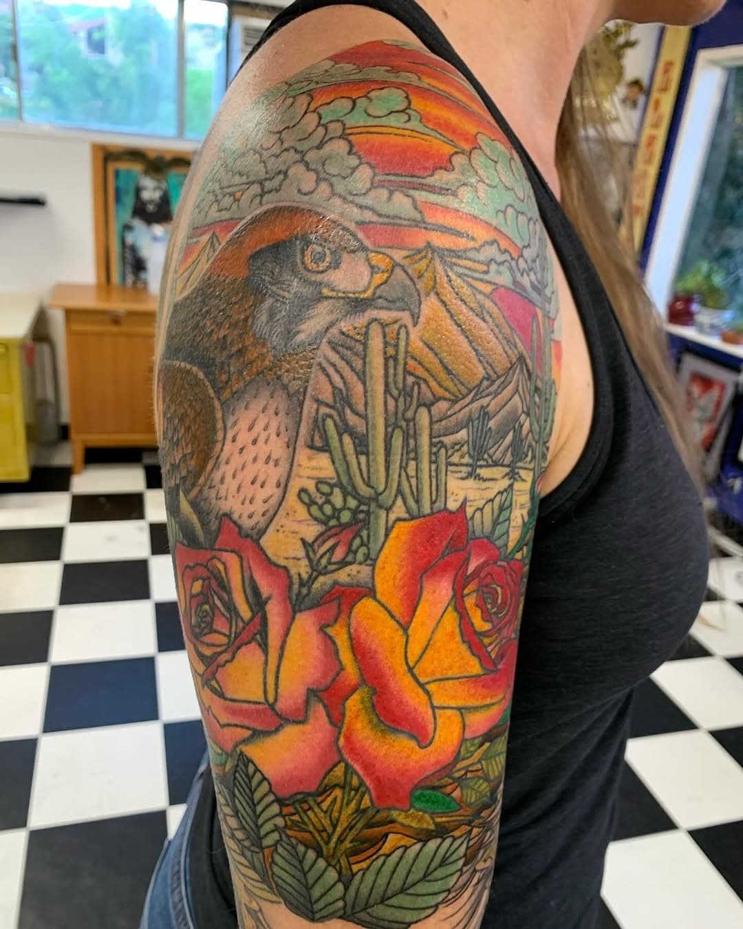 Blast getting back on this Red tail hawk/ desert sleeve #deserttattoo #aztattooer #aztattoo #cactustattoo #cowskull #cowskulltattoo#sedona#rosetattoo #aztattooartist #moutaintattoo #sedonatattoo#ascensiontattoosedona #ascensiontattoo #traditionaltattoo @harley_goodson