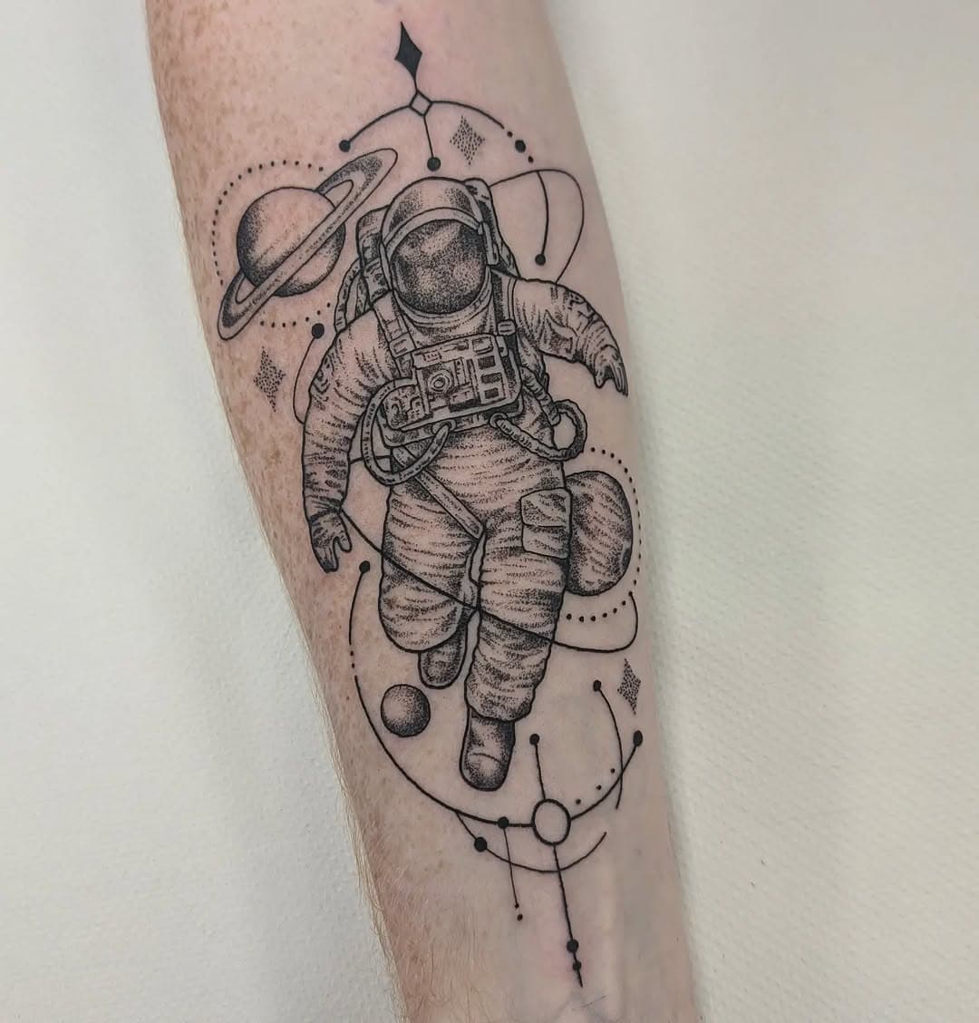 Floating astronaut made for Chris. Thank you again. @frontiertattooparlour #tattoo #tattooideas #dotworktattoo #astronauttattoo #cardifftattoo