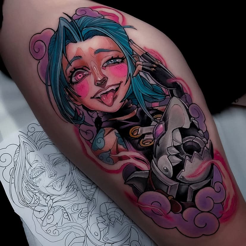 I finally managed to tattoo one of my favourite illustrations “JINX” from @leagueoflegends @arcaneshow . 
A very special many thanks to this brave and strong girl @dqrkxifh came all the way from 🇨🇭 to get this 💜✨