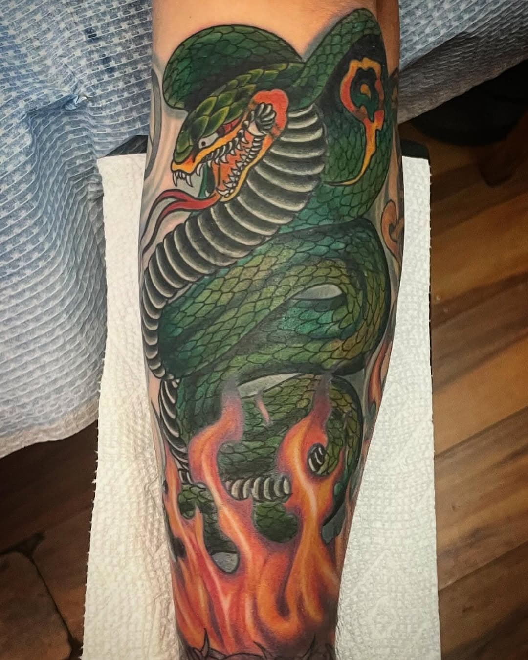 Cobra cover up done a little while back. Swipe to see what I covered up with this badass cobra. Made at the illustrious @gatecitytattoo. Currently booking October/November. Get atcha boy!