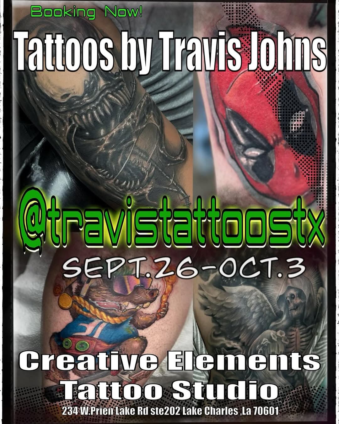 We have a special guest visiting at the end of the month. Booking now!!! Tattoos by Travis Johns @travistattoostx Sept.26-Oct.3. You can visit his pages or inquiry through his forum. https://form.jotform.us/90876471703160  Thanks!!!