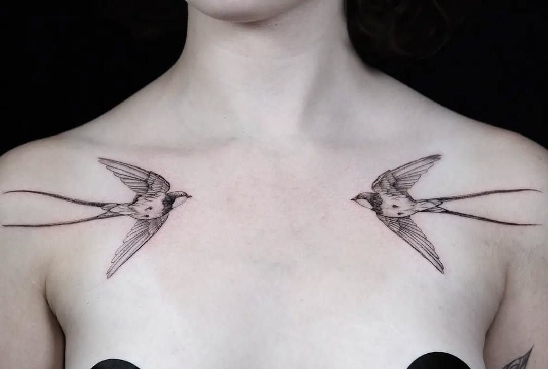 • swallows •
.
.
.
.
.
#finelinetattoo #fineline #madison #madisontattooartist #wisconsintattooartist #illinois #milwaukee #blackandgraytattoo #swallows #collarbonetattoo