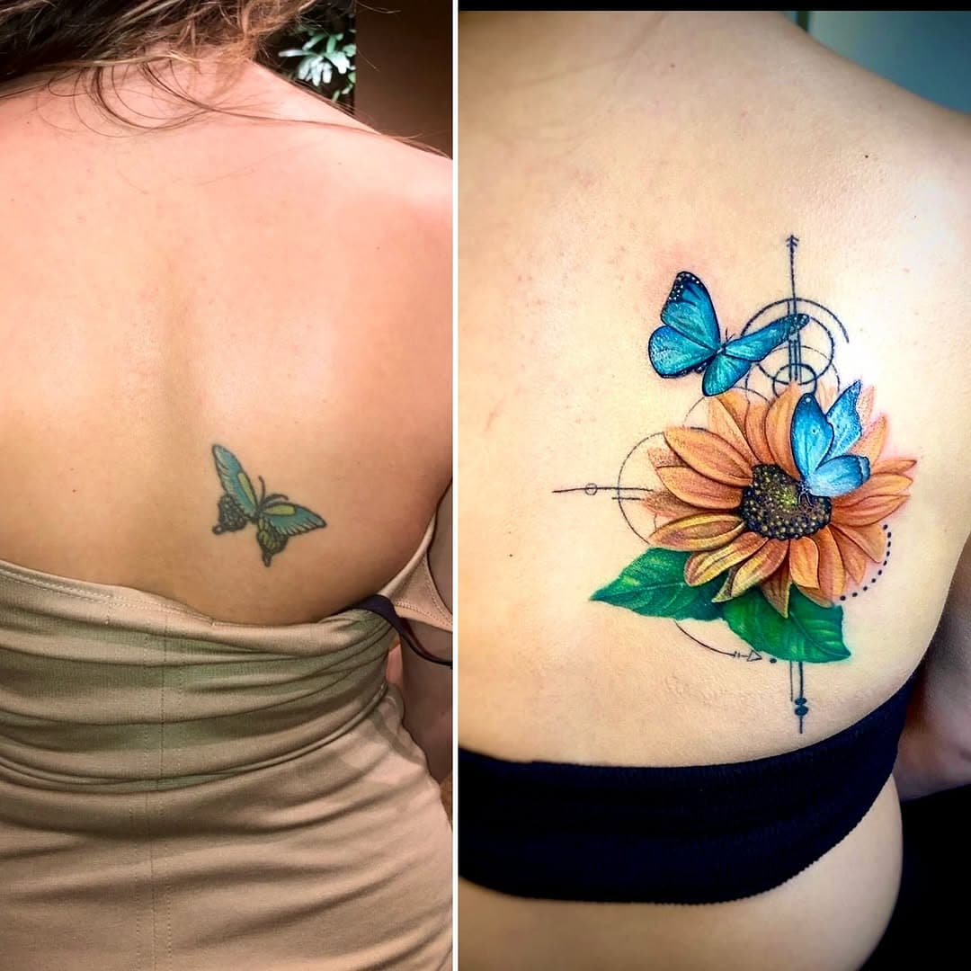 Before and after cover up tattoo. 
Click the link in my bio to schedule a free consultation 
Www.channingartlab.com

#coveruptattoo#coveruptattooartist#coverup#colortattoo#colortattoo#losangelestattooartist #losangelestattoo#femaletattooartist#butterflytattoo#sunflowertattoo#butterfly#backtattoo