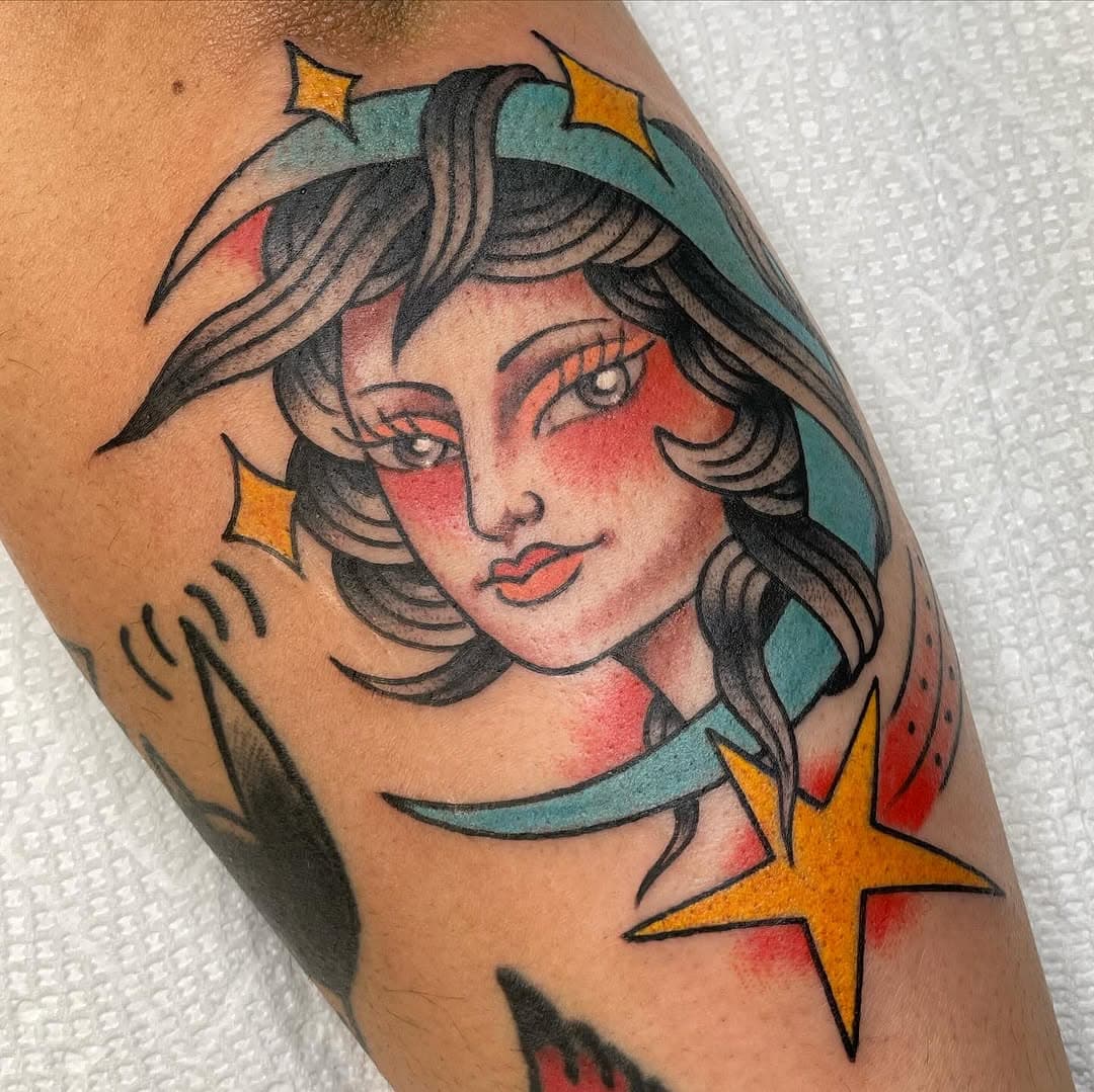 The lady in the moon by @r.cavalcantetattoo Renan will be taking walk ups on our FLASH DAY 10/19. To book an opening with Renan on the day of our flash day please email him directly at 88professionaldreamer@gmail.com