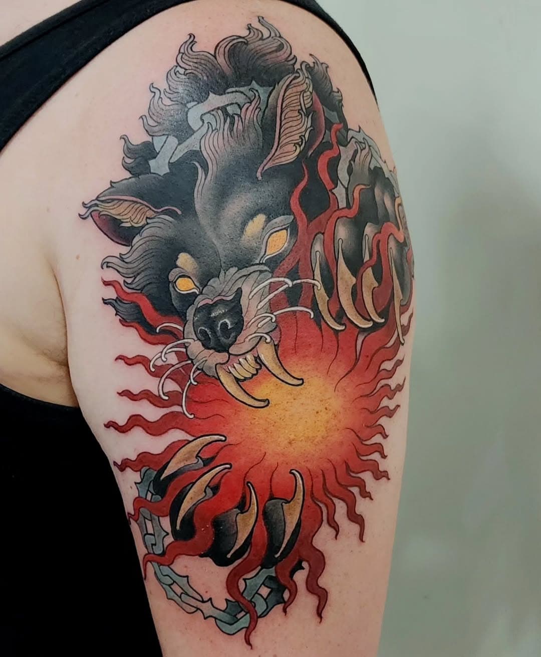 Fenrir tattoo done at the @austintattooinvitational ☀️🐺 @folkloretattoocompany 

Wolf eating the sun tattoo, dallas tattoo artist, dallas tattoo shop, #neotraditionaltattoo #texastattoos