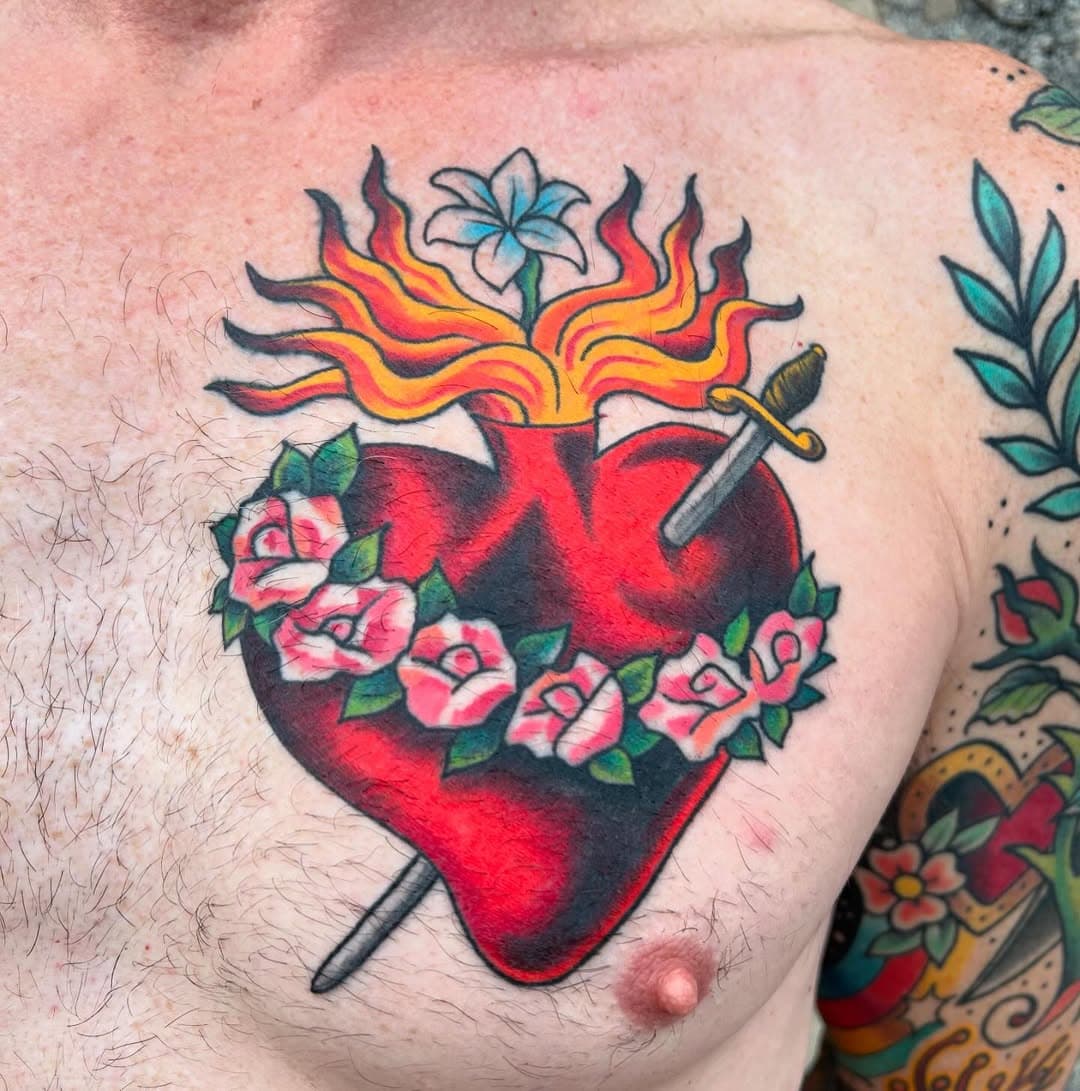 Tattoo done by @matt_rinks_ghosttown for appointments call or e-mail the shop.  #sacredheart #virginmarytattoo #art #marylandtattooartist