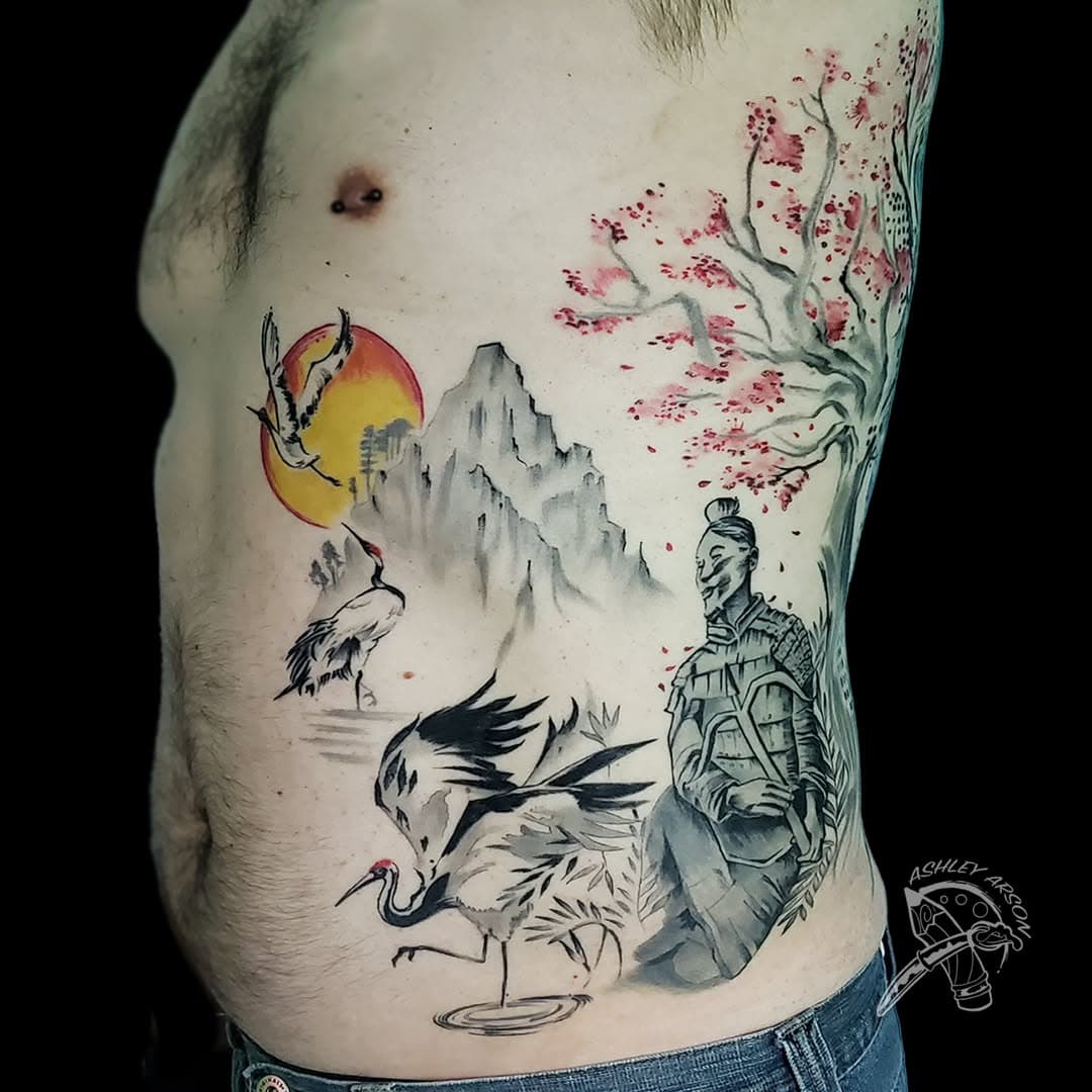 Healed photos of this #terracottawarrior #landscapetattoo by @ashleyarsonart #scenic #naturetattoo #oriental #warriortattoo #watercolortattoo #latepost #bullyinktattoo #customtattoo #annapolis #edgewater #dmvtattoostudio #marylandtattoostudio #maryland