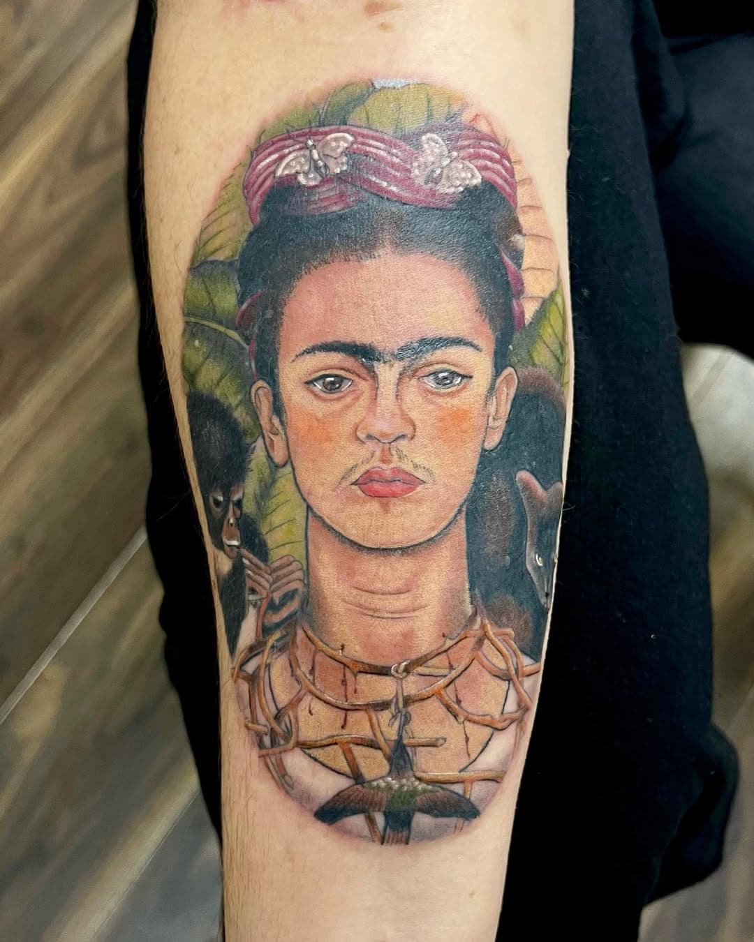 Frida Kahlo Self portrait on inner forearm. Lines and black healed. 
.
.
.
.
.
#Frida Kahlo #selfportrait #self #portrait #colourportrait #reslism #reslistic #painting #bathtattoo #hummingbird #hummingbirdtattoo #wildlife #wildlifetattoo