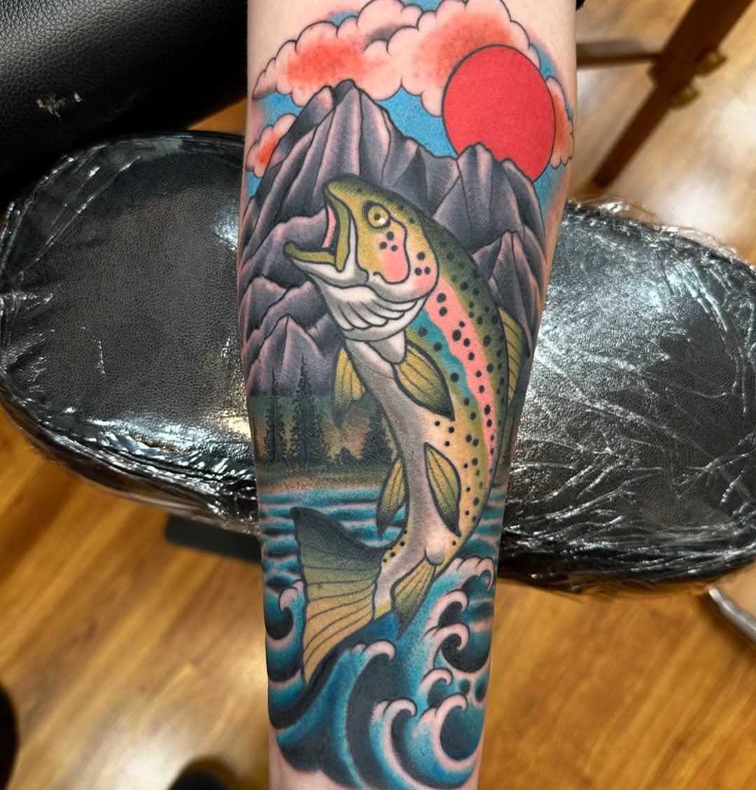 Rainbow trout in the PNW… coverup in there too..
Adam@adamfoxtattoo.com