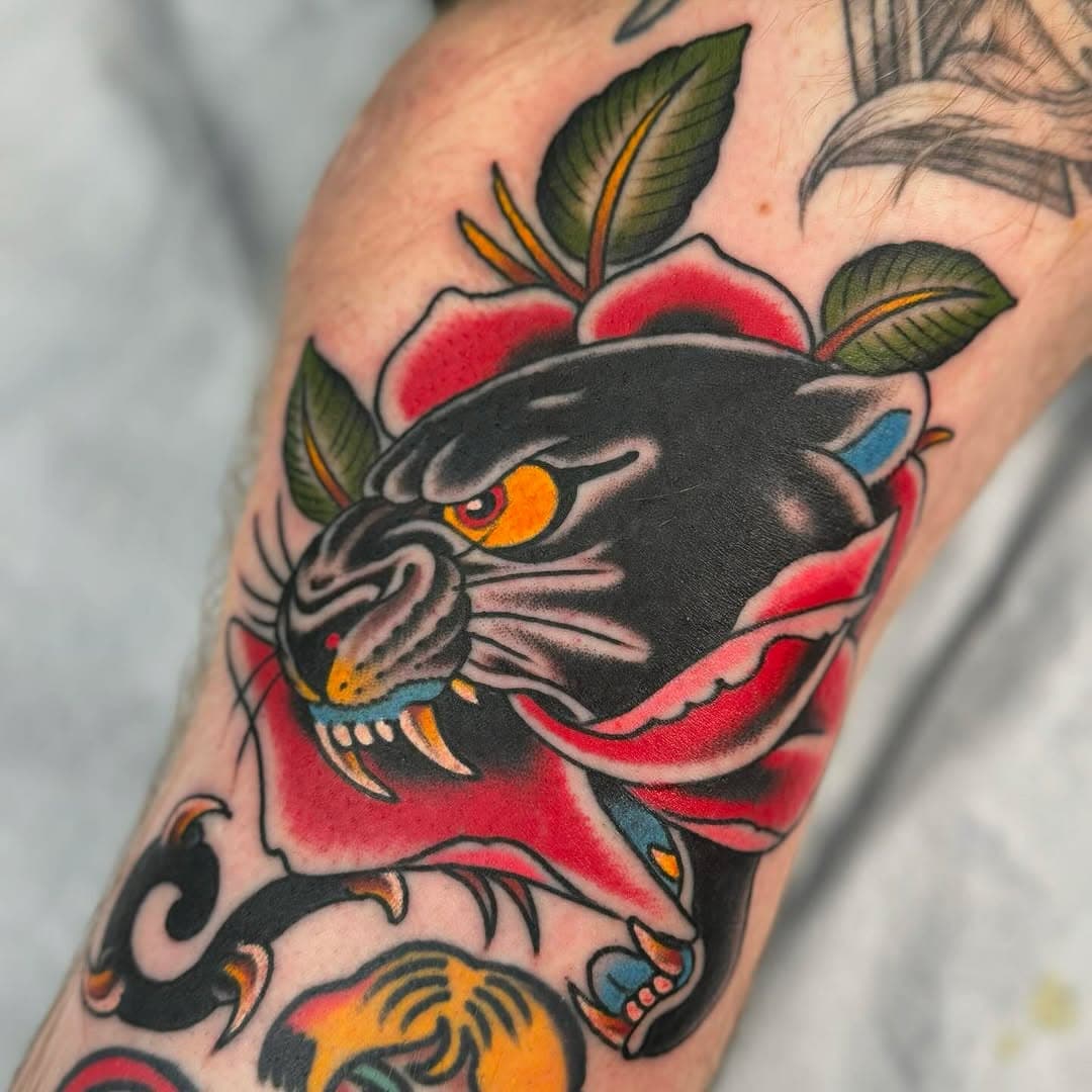 A classic panther/rose morph designed to fit in a tricky spot by artist @zach_bonime Zach will have new designs available for our FLASH DAY 10/19. To reserve a spot with Zach on our FLASH DAY please DM him or call the shop!