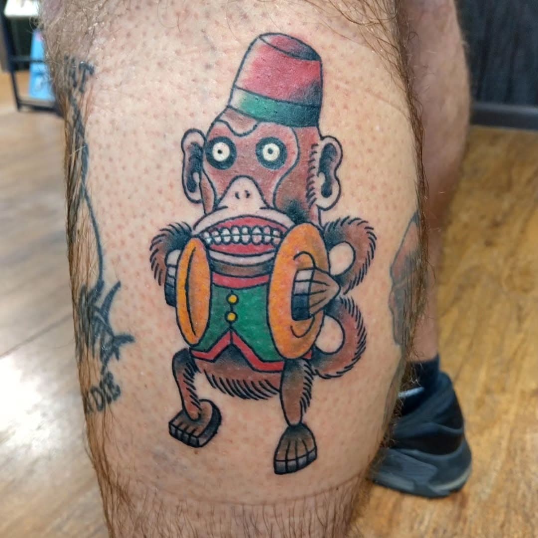 Fun lil cymbal monkey guy I had the pleasure of tattooing over the weekend! #monkeytattoo #toymonkey #cymbalmonkey #traditionaltattoo #colortattoo #eleventhhourtattoo #monkey #toytattoo #lakeworth #southflorida #soflo #southfloridatattooartist #lakeworthtattoo #westpalmbeach #wpb