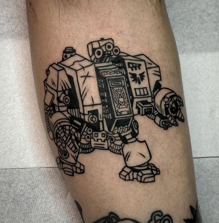 Furioso Dreadnought made for Johann today who travelled all the way from France to get this guy tattooed 🤯 thank you for making such a journey and thank you for the gift of a 2003 games day space wolf wolfpriest still in the sprue. Today was a good day and I’m lucky for the connections I get to make from this job and hobby. #spacemarine2 #fortheemperor #bebloodyboldandresolute #warhammer40k #spacemarineretirementplan