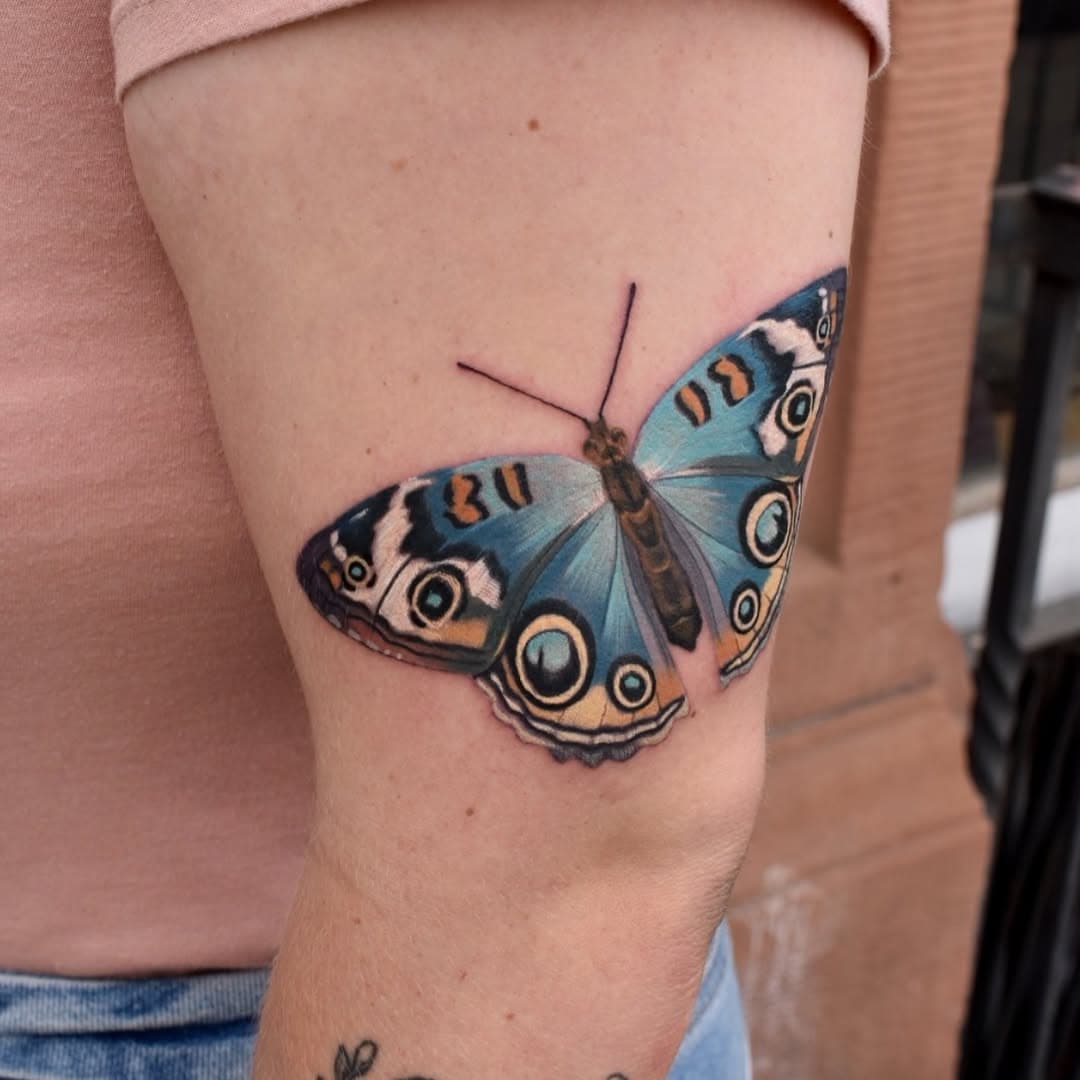 Swipe  to see the wrap on this beautiful vibrant butterfly 
💙💙💙

Feeling like I need to do more spontaneous butterfly flash days, they are just so fun! 

Would you get a butterfly tattoo? 

#butterflytattoo #realisticbutterflytattoo #colorfulbutterflytattoo #femaletattooartist #coloradotattooartist #colortattoo