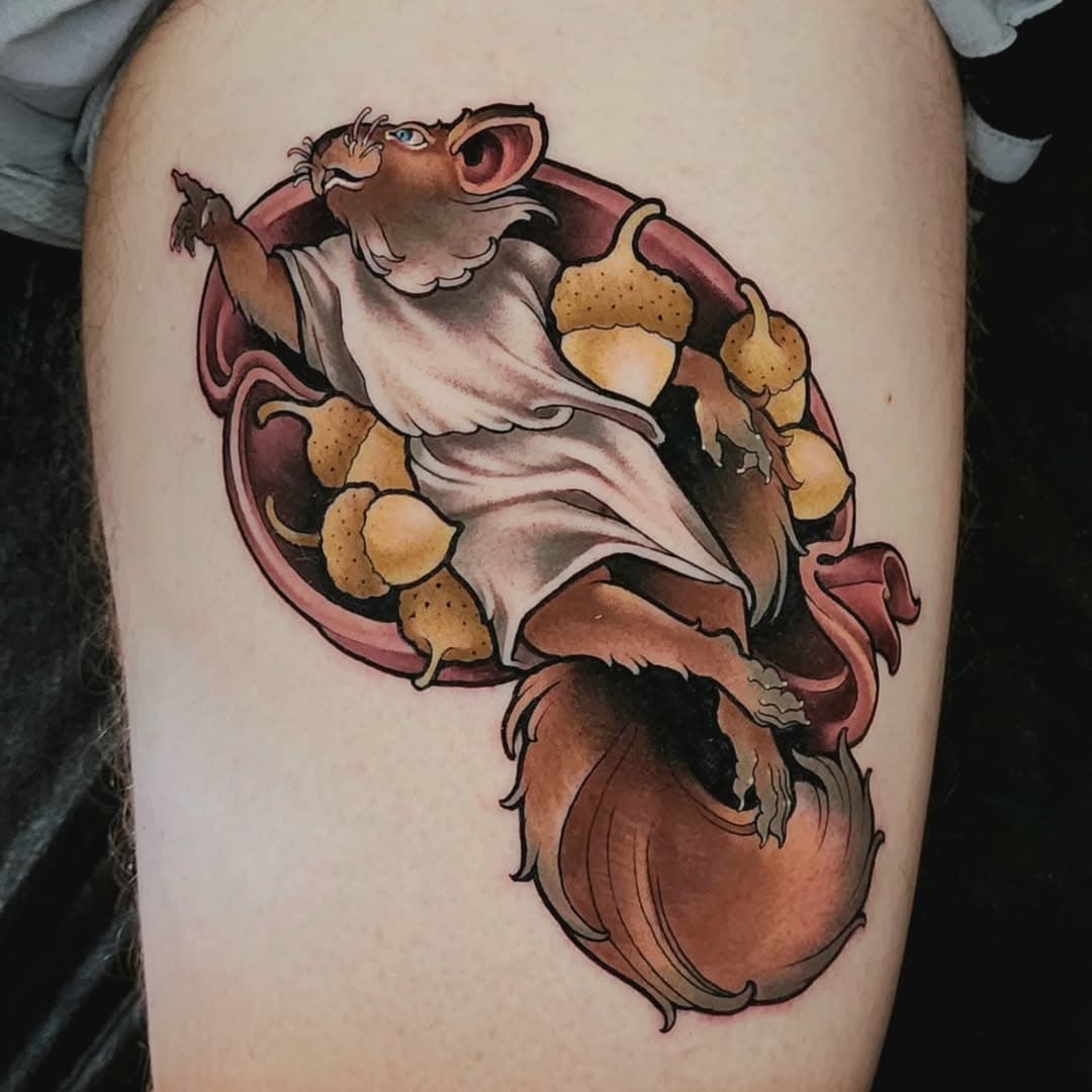 Rewriting history, one nut at a time. The creation of man, as told by a squirrel and his prized treasures 🥜🐿 @folkloretattoocompany

#dallastattooartist #tattoohumor #funnytattoos #neotraditionaltattoo #dallastattooshop