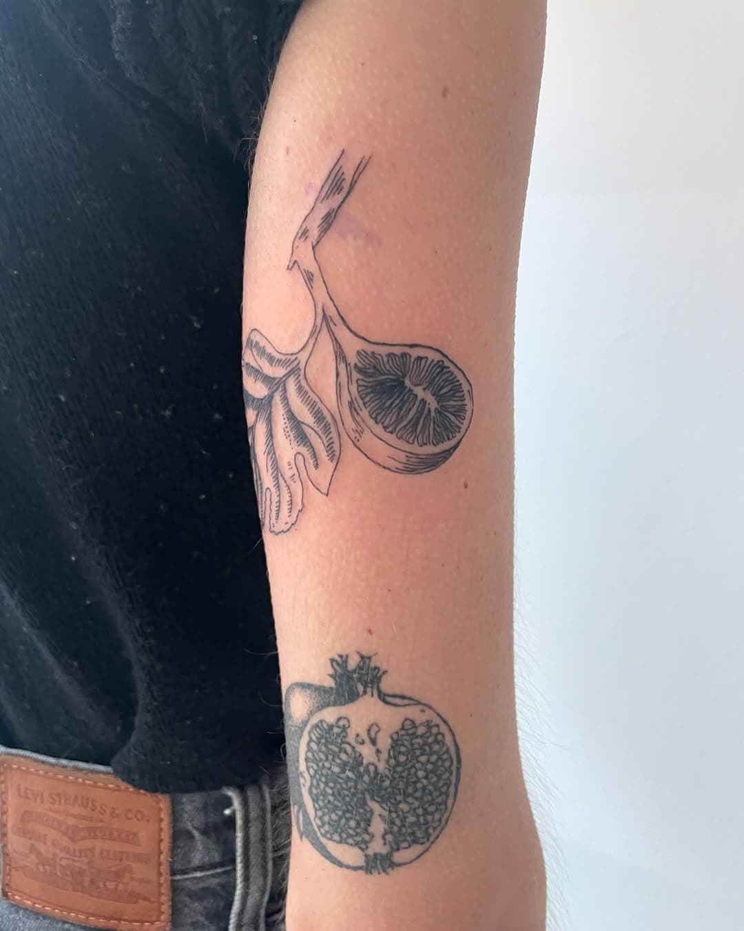 Feigenblatt am Arm mit dünnen Schraffurlinien 

#feige #feigentattoo #fig #figtattoo #botanical #nature #fineline