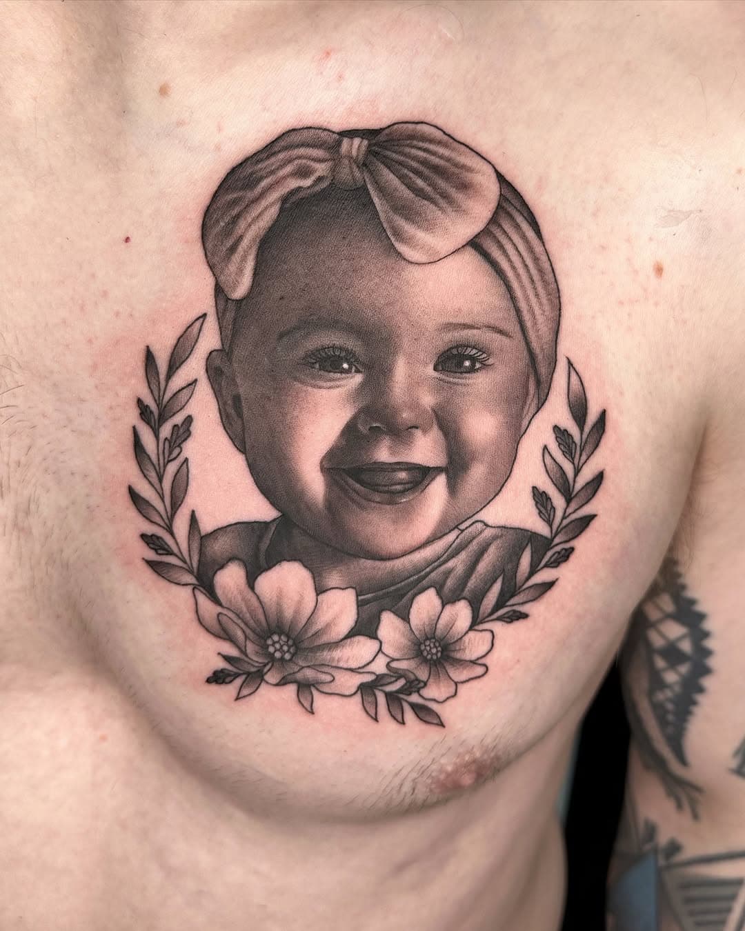 The cutest tattoo I will ever do… had the pleasure of making a portrait of my brother in laws daughter today, thanks again Gabe! 
.
.
.
.
.
.
#portraittattoo #manchestertattoo #realistictattoo #tattoos #blackandgreytattoo #realismtattoo #tattooing #portrait #tattooed