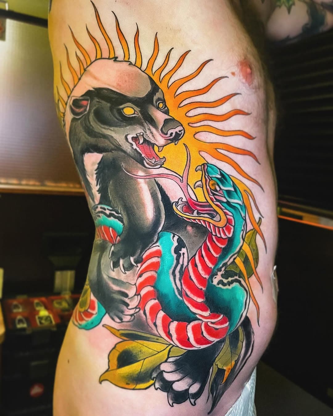 Honey badger fighting a snake, Thanks Remko for this awesome project!  Done @dragontattoo_ 

Email me for bookings: willemxsm@live.nl 
Sponsor: @silkcartridges

#honeybadger #honeybadgertattoo #neotraditional #neotraditionaltattoos #neotraditionaleurope #neotraditionalholland #neotraditionalgermany #neotraditionalbelgium #neotradworld #neotraditionals #neotradart #tattoos #dutchtattoos #limburgtattoo #venlotattoo #eindhoventattoos #germanytattoo #neotradeu #ntgallery #neotraditionalworldwide #willemxsm