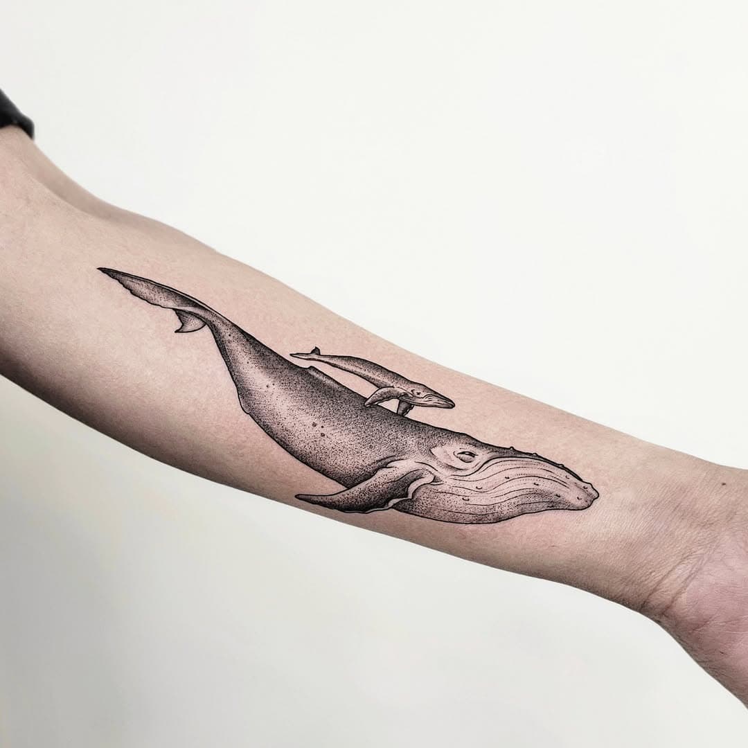 Two whales, adrift, a bond to keep,
Swim side by side, through oceans deep.
Their songs unite, a mournful plea,
For freedom's call, wild and free. 
.
.
.
#whale #fineline #finelinetattoo #blackwork #surrealism #warped #inkedgirls #blackwork #fish #lund #sweden