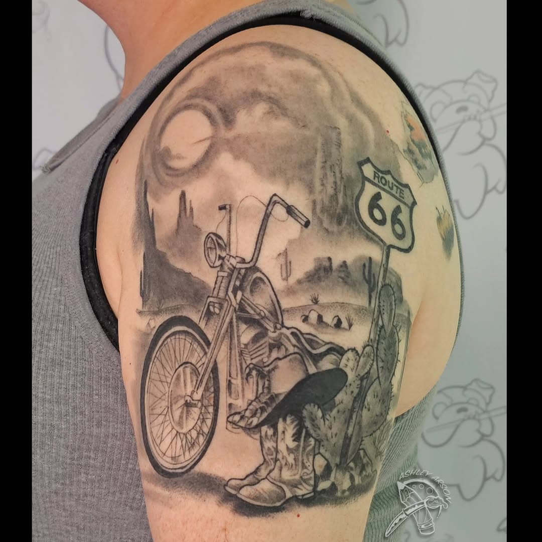 #route66tattoo #motorcycletattoo by @ashleyarsonart 🏍🏜 #route66 #travel  #tattoosfortravelers #crosscountry #roadtrip #indianlarry  #motorcycle #roadtrip #desert #biker #landscape #nature #desert #highwaylife #blackandgreytattoo #bullyinktattoo #Annapolis #edgewater #maryland #marylandtattoostudio