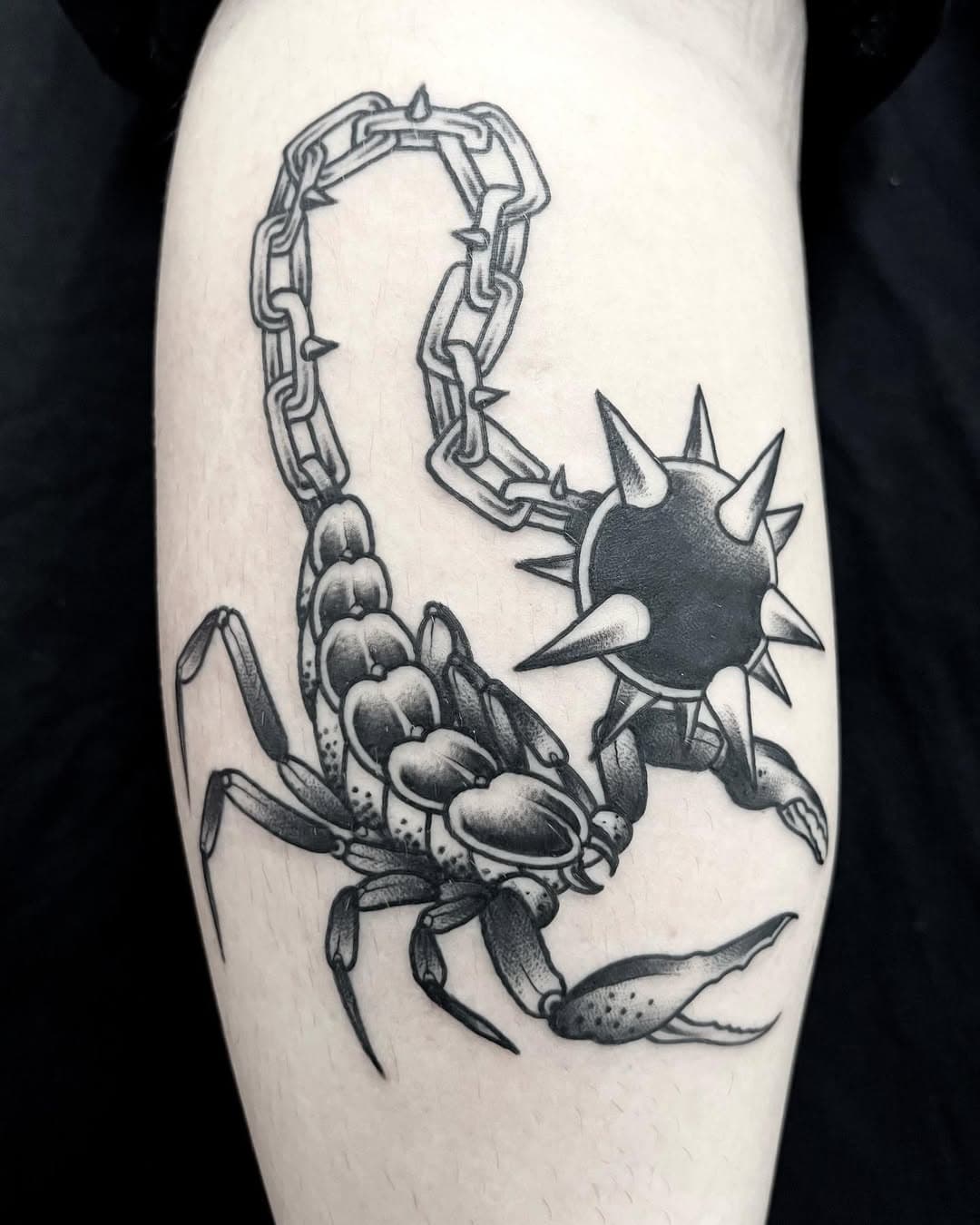 On calf, Dm or email for bookings. 
.
.
.
.
.
#scorpion #scorpiontattoo #scopions #black #blackwork #blackwotkers #btattooing #blackworkerssubmission #bathtattoo #mace #calftattoo