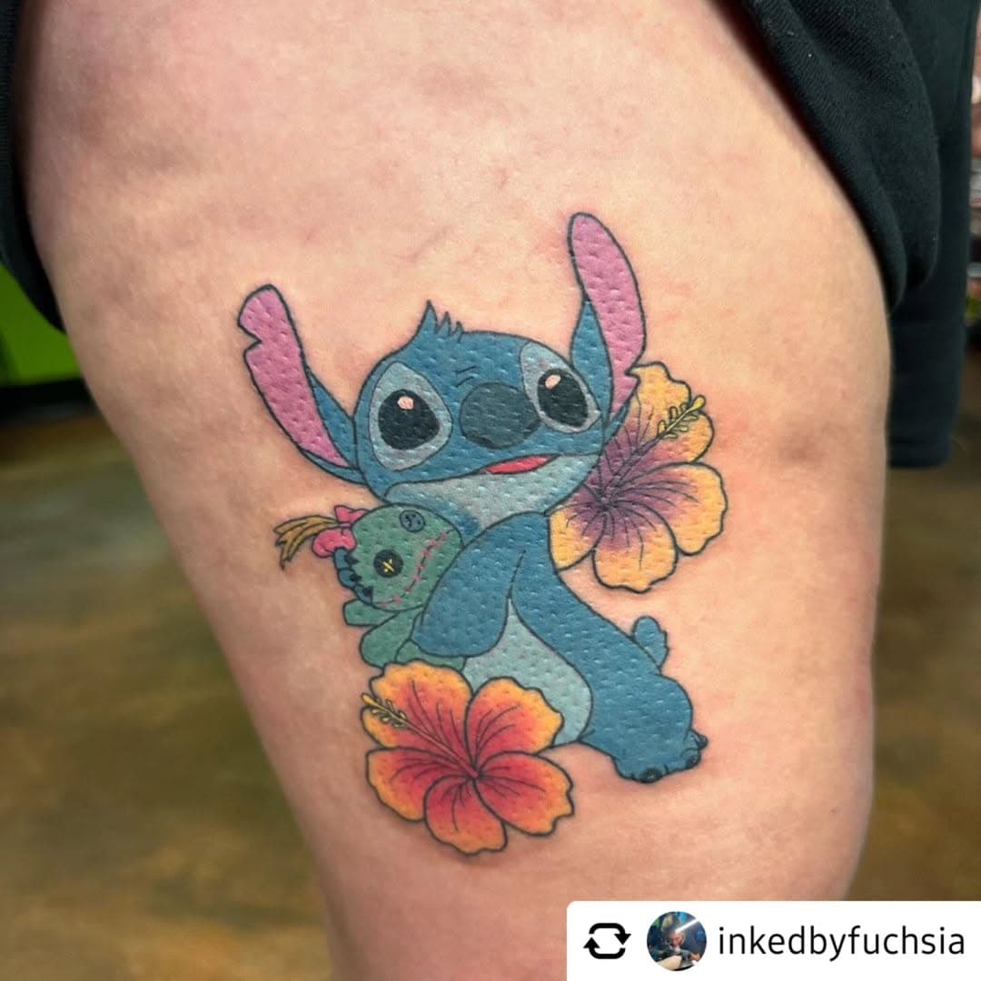 Posted @withregram • @inkedbyfuchsia Bring me all the Disney tattoos 🤩 she was a little swollen when we took the pics but super proud of this piece ☺️
@emu_loves_life0633 
.
.
.
.
.
.
#liloandstitch #stitch #disneytattoo #apprenticetattoo