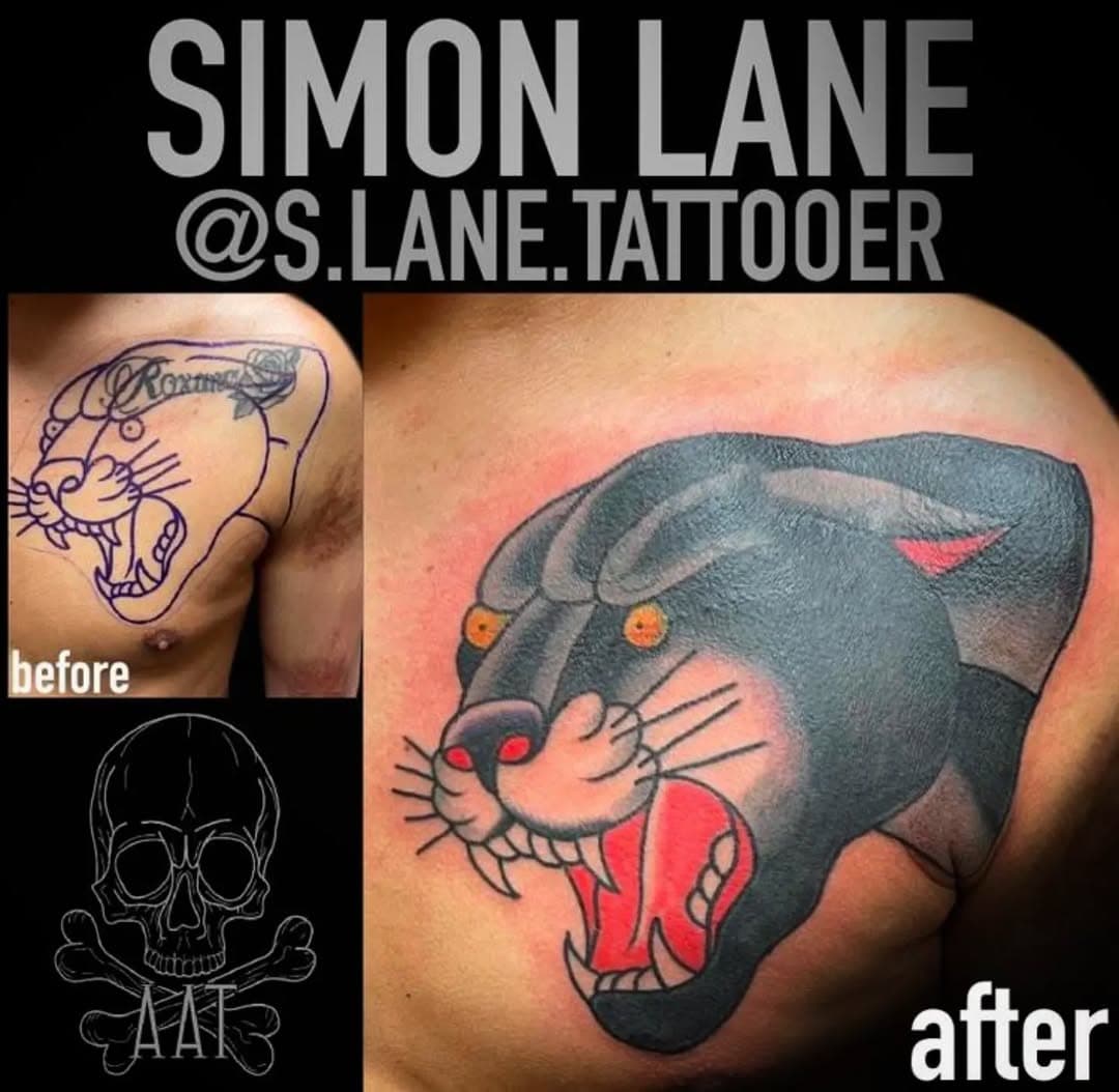 .
Mira, Mira!!! It's a pretty sweet cover-up, done by Simon.
Rawrrr *claw hand*
Thanks for looking 😎
.
If you're interested in getting tattooed by Simon, need a cover-up done, or love you some panther kitties, hit Simon up @s.lane.tattooer 
.
Come stop by at 3656 Reynolda Rd, WS, NC, 27106 for your next tattoo with @s.lane.tattooer 
.
.
.
#panther #panthertattoo #coveruptattoo #traditionaltattoo #winstonsalemtattoos #winstonsalem #myws #ncws #downtownws #nctriad #walkertown #kernersville #clemmons #lewisville #yadkinville #tobaccoville #pfafftown #ruralhall #king #artattacktattoo