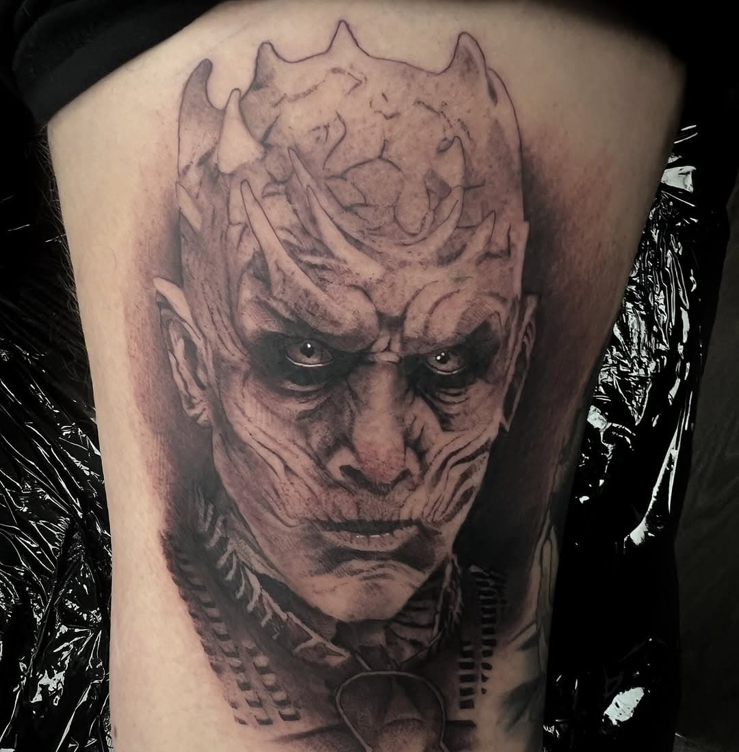 Had a blast doing this night king from game of thrones 🤩

Sponsored by: 
@yayofamilia & @nedzrotary 

#got #gameofthrones #HBO #nightking #tattoo #tattooed #portrait #whitewalker #winter #winteriscoming #bng #blackandwhite #blackandgreytattoo #ink #yayofamilia #nedzrotary #sleeve #legsleevetattoo #realism #black #blackpool #uktta