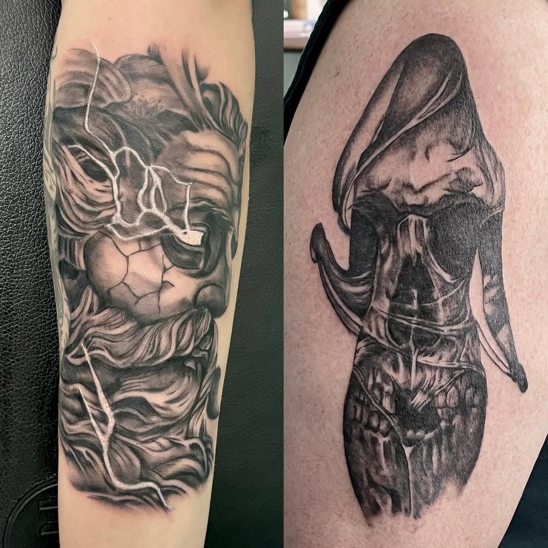 Black and grey fun! Reach out to secure your space, booking spaces now through end of Dec (and the new year too if you wish!)

#cochrane #cochranetattoo #cochraneartist #inked #calgarytattoo #calgaryartist #blackandgrey #grek #mythology #dark #feminine #fantasy #canmore #bowvalley #alberta #tattooist #bodyart