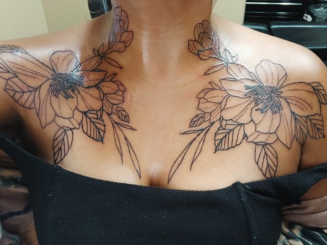 Not a great pic but a great start to a fun floral tattoo #FloralTattoo #Tattoo #SymmetricalTattoo #ChestTattoo by @blakeweaverart