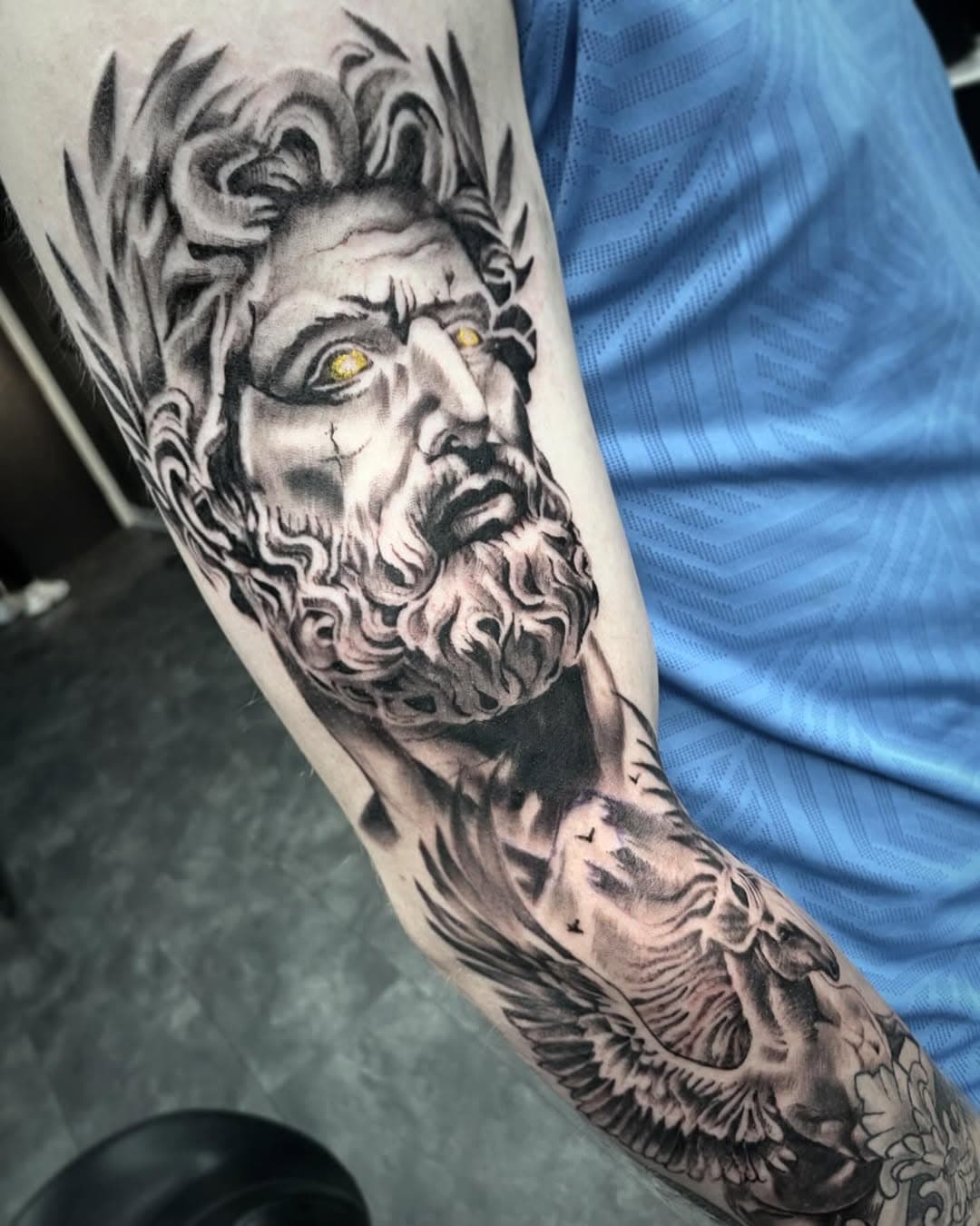 Greek sleeve continuation from last week 
#tattoo#ink#tattooartist#tattoos#tattooideas#greek#greektattoo#mythology#history#mythologytattoo#blackandgrey#realistic#realism#art#artist#portrait#pegasustattoo#pegasus