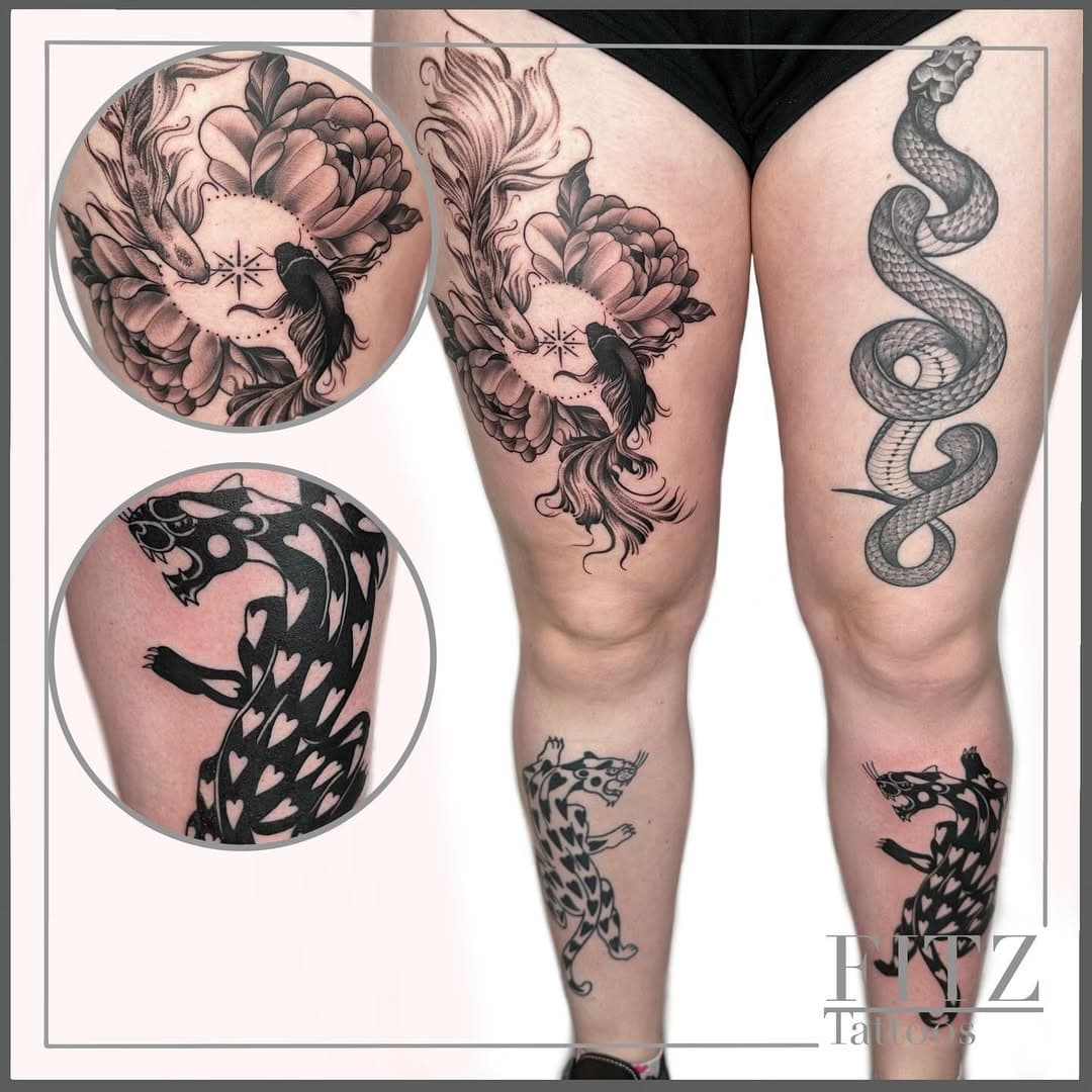 2nd session on @jazz._.z legs 🤟🏻
.
.
.
.
#legtattoo #legsleevetattoo #peonytattoo #snaketattoo #koi #koifish #project #tattoo #uktattoo #bournemouth #ink #tattooartist #southampton #southamptontattoo #blackandgreytattoo #thightattoo #shintattoo #styleinspo #artwork #tattooart #tattoostyle #wip #snakes #yingyang