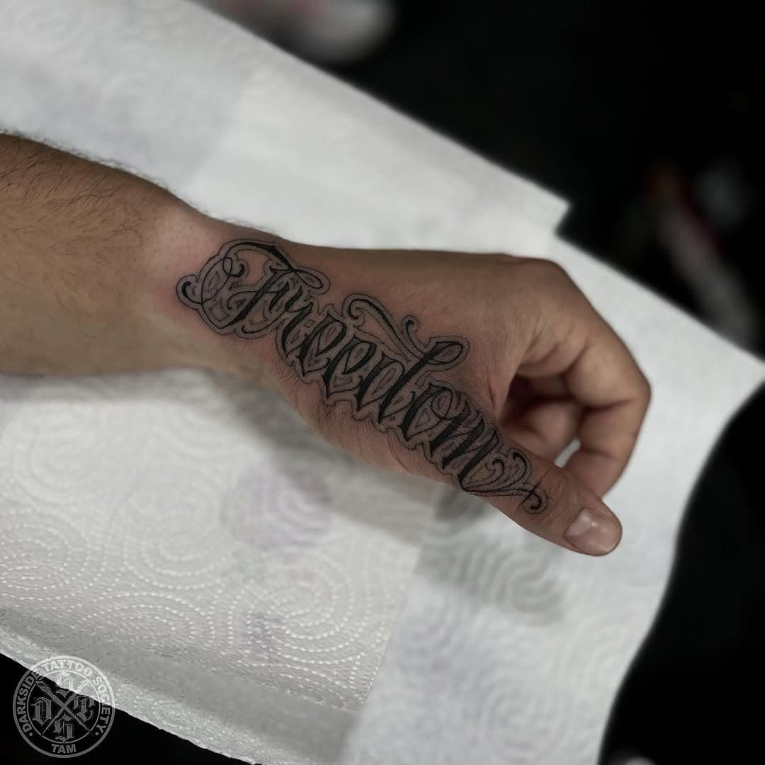 •Freedom•

Did this at @darkside_tattoosociety Chalandri.

For appointments info@darksidetattoosociety.com , 
DM me or come by our studios, Darkside Tattoo Society Kolonaki (Likavittou 11) and Chalandri (andr.Papandreou 52).

#darksidetattoosociety #dsts #darksidetattoosocietychalandri #freehandletteringtattoo #lettering #tattooideas #inked #worldwidelettergang #125082021_tam_darksidetattoosociety#letteringtattoo #tattoo #tattooed #ink #allday #script #chicanolettering #chicanoletteringtattoo #tattooart #tattooartist