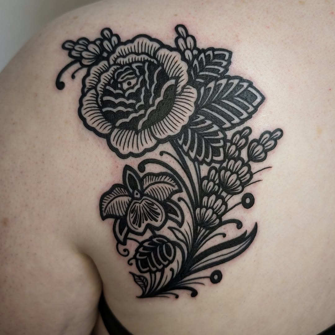 New phone with good camera = bout of regular photos until the novelty wears off 🤓 
I thoroughly enjoyed doing Marijke's first tattoo yesterday. Rose, orchid and lavender. She sat amazingly and was great company. I am so lucky with my customers ❤️ Thankyou Marijke!
.
.
.
.
#rosetattoo#orchidtattoo#lavendertattoo#floraltattoo#blacktattoo#folkarttattoo#ornamentaltattoo#firsttattoo#femaletattooartist#londontattooist#kamiladaisytattoo