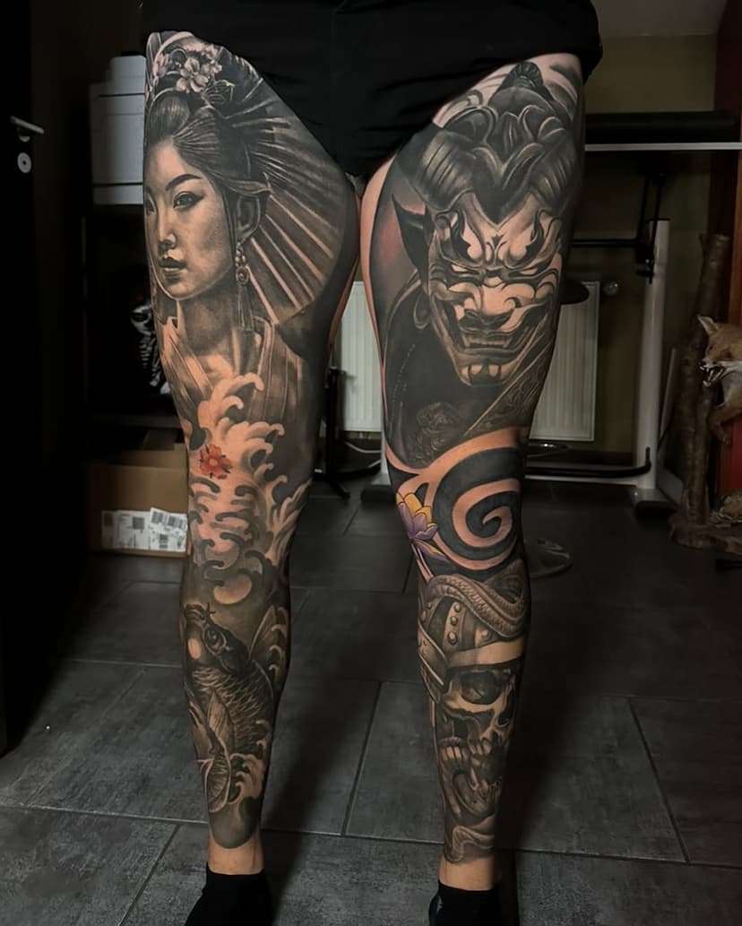 I guess we are done with Yann’s legs 😊 thanks for your trust done at @clockworkneedle with #eternalinks @eternalink @t2tattooequipment  #kwadroncartridges @kwadron @otzi.fr @eternalink @eternalinkconventions #easyteam #otziproteam #tattoo #tatouage #kwadronwolfpack #t2tattooequipment #t2tattoomachine @shopkwadron @lucky7supplies_fr #t2tattoomachine #eternalink #brightestcolorsperiod @japanese.ink #japanesetattoo