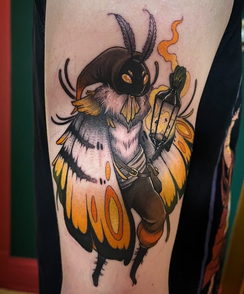 I had the best time making this ✨moth adventurer✨ today! I love tattooing creatures! The lighting was not cooperating for photos, but I tried. 🥲 #mothtattoo #creature #creaturetattoo #colortattoo #moth #fantasytattoo #tattoo